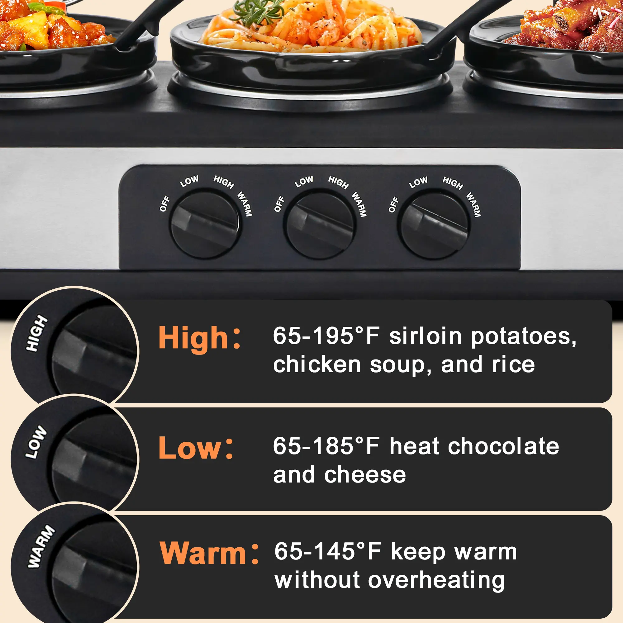 Triple‑pot slow cooker with independent temperature controls, cook three dishes at once, dishwasher‑safe pots, ideal for family meals and entertaining guests.