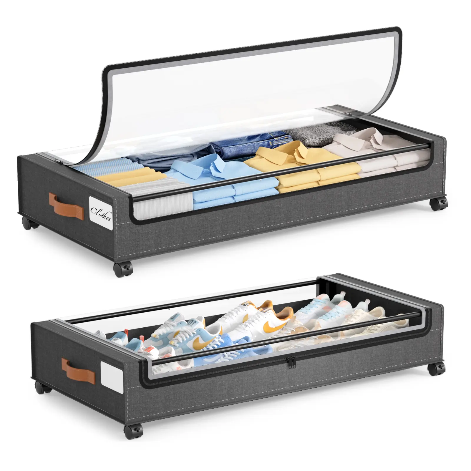 2‑Pack Under Bed Storage Box with Silent Wheels & Clear Lid, Rolling Under‑Bed Storage Organizer Drawer Bins for Clothes Shoes Toys, Dorm Room College Essentials for Bedroom Dormitory
