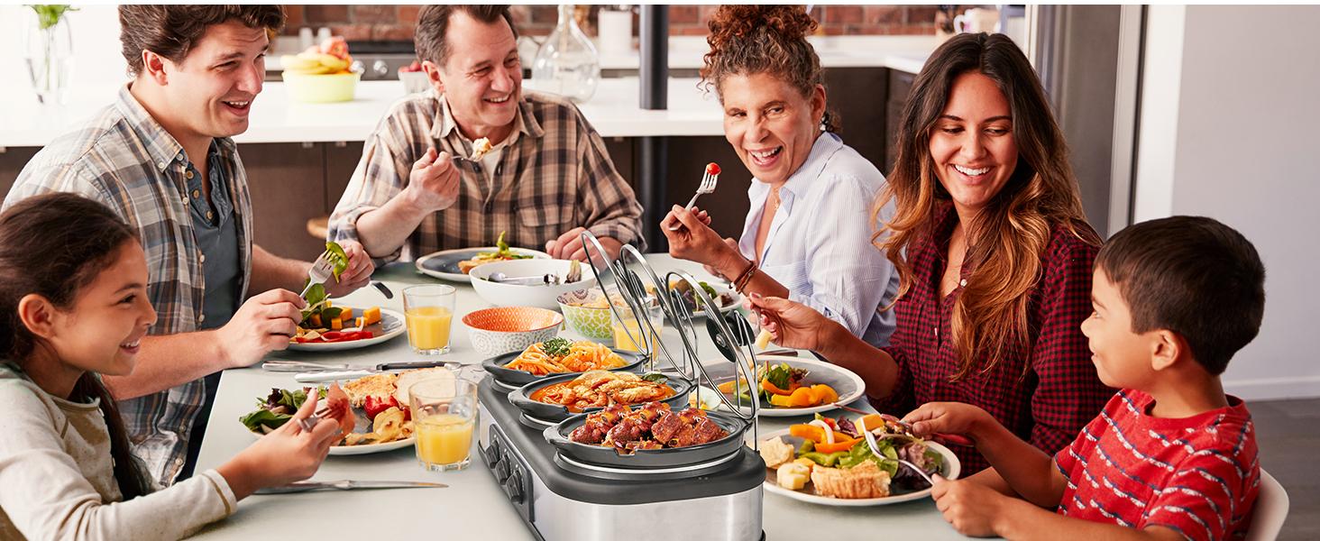 Sunvivi Triple Slow Heating Cooker Buffet Server & Warmer - 3x1.5QT Removable Ceramic Round Pots (Total 4.5QT), 3 Metal Round Stainless Steel Lid Rests, 3 Adjustable Temp Settings, Overheat Safe, New Home Kitchen Essential Electric Hot Pot, Total 4.5 Qt