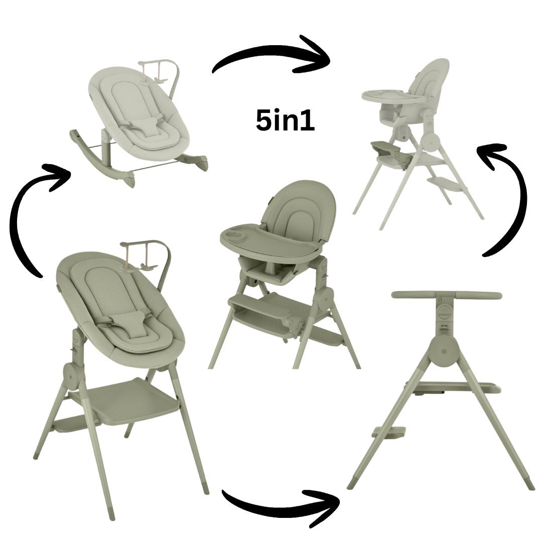 Versatile 5‑in‑1 modular kids furniture, converts to newborn insert, high chair, learning tower, rocker and footrest for ages birth‑5 years.