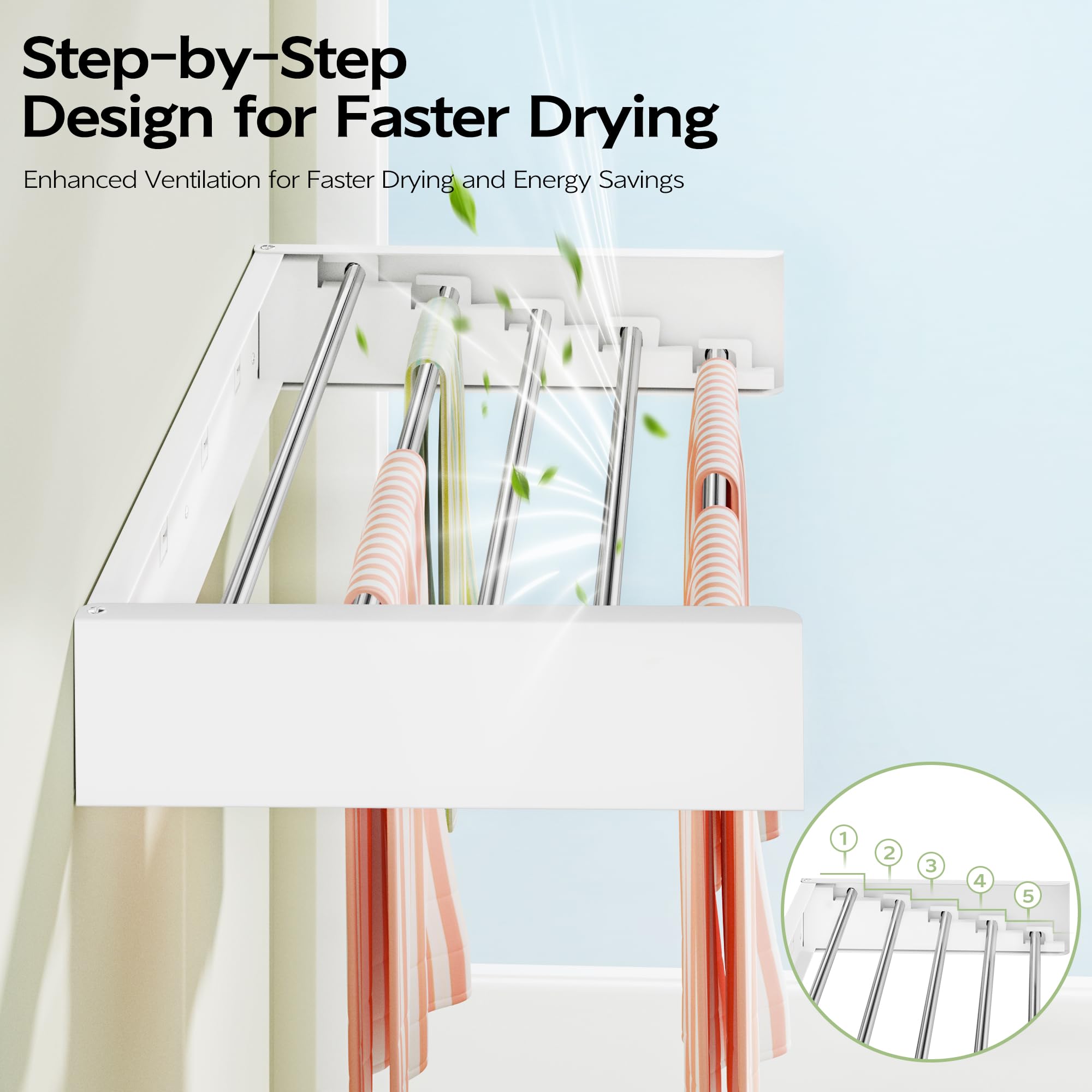 Foldable Wall Mounted Clothes Drying Rack, Wall Mount Laundry Rack Folding Indoor, Drying Rack Clothing Collapsible, Hidden Space Saver with Wall Template
