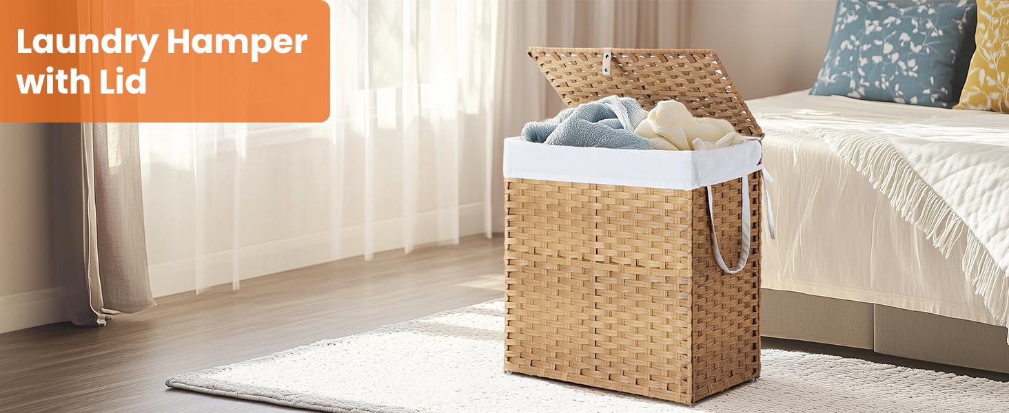 Sweetcrispy Woven Rattan Laundry Hamper with Lid, Foldable Clothes Basket with Steel Frame and Removable Liner for Bathroom and Bedroom