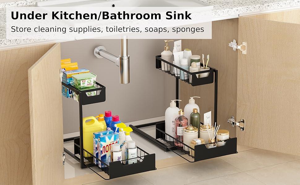 Undersink storage rack with 2 layers of high-quality metal pull-out kitchen cabinet storage boxand sliding drawer, adjustable height, heavy-dutykitchen and bathroom storage container