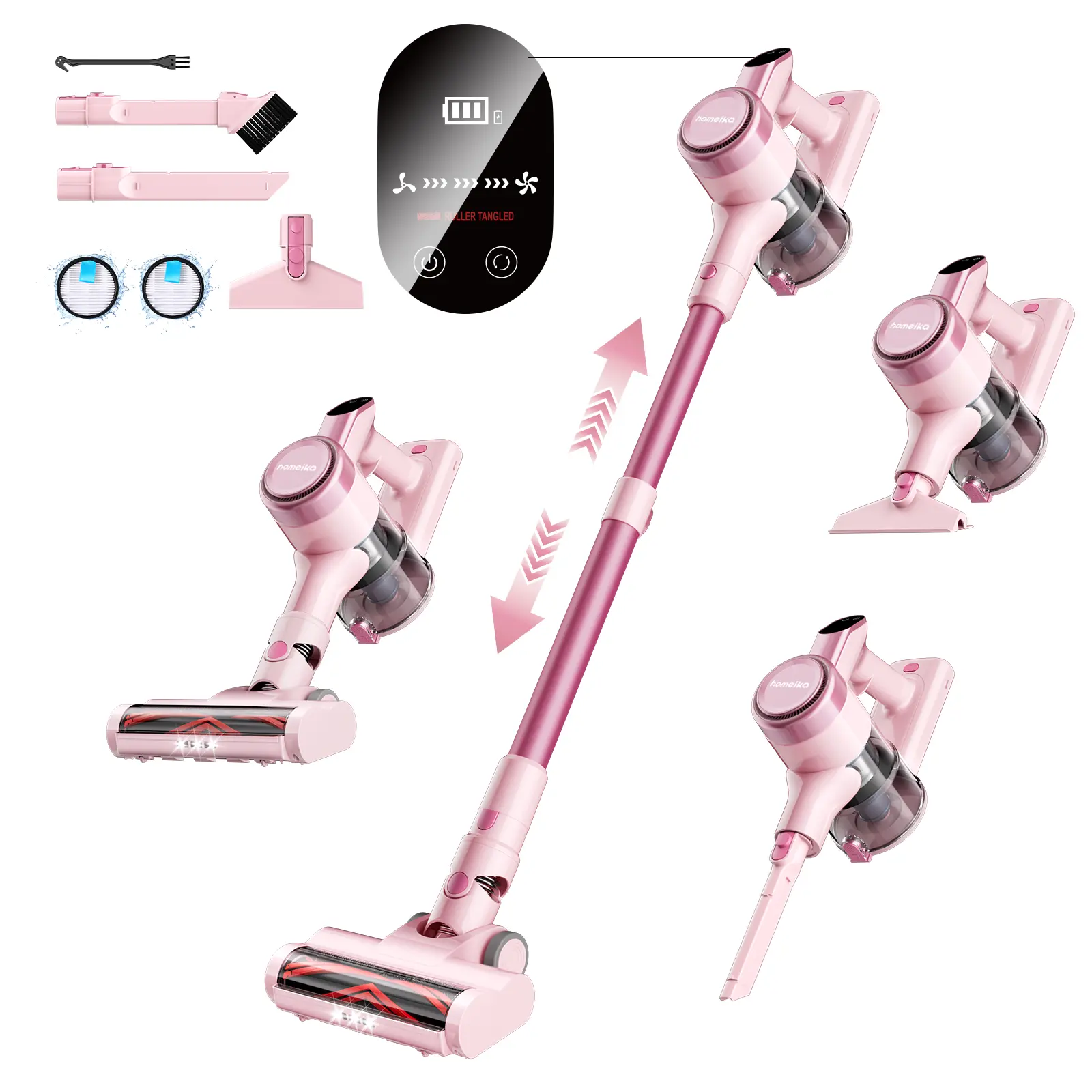 Power‑run cordless vacuum with 3 suction modes, detachable long‑life battery, LED brush head and handy accessories for full‑house one‑hand cleaning.
