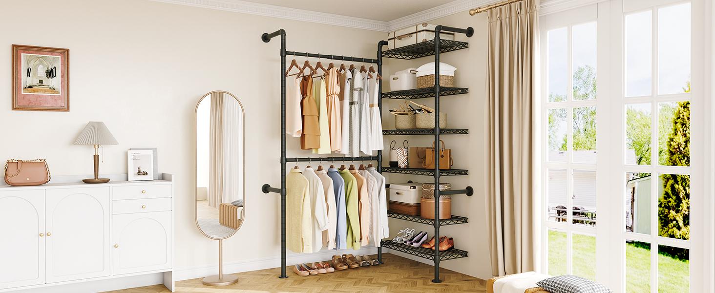 【MAX 900 LBS】ONBRILL Expandable(18.3-34.6") Wall Mounted Closet System, Industrial Pipe Clothing Rack, Clothes Rack Garment Racks Wardrobe Racks for Hanging Clothes, Heavy Duty Closet Organizers for LivingRoom Bedroom Furniture【BackToSchool】