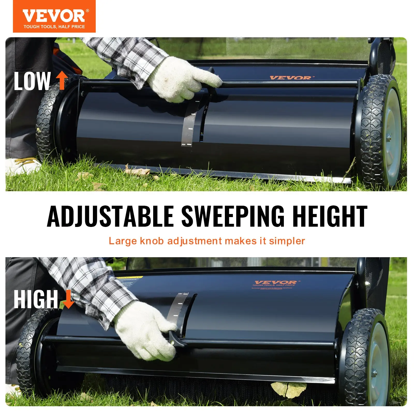 26‑inch manual push lawn sweeper with adjustable‑height dense spinning brushes, heavy‑duty steel frame and large 7 ft³ hopper bag for easy garden leaf and grass‑debris clearance.