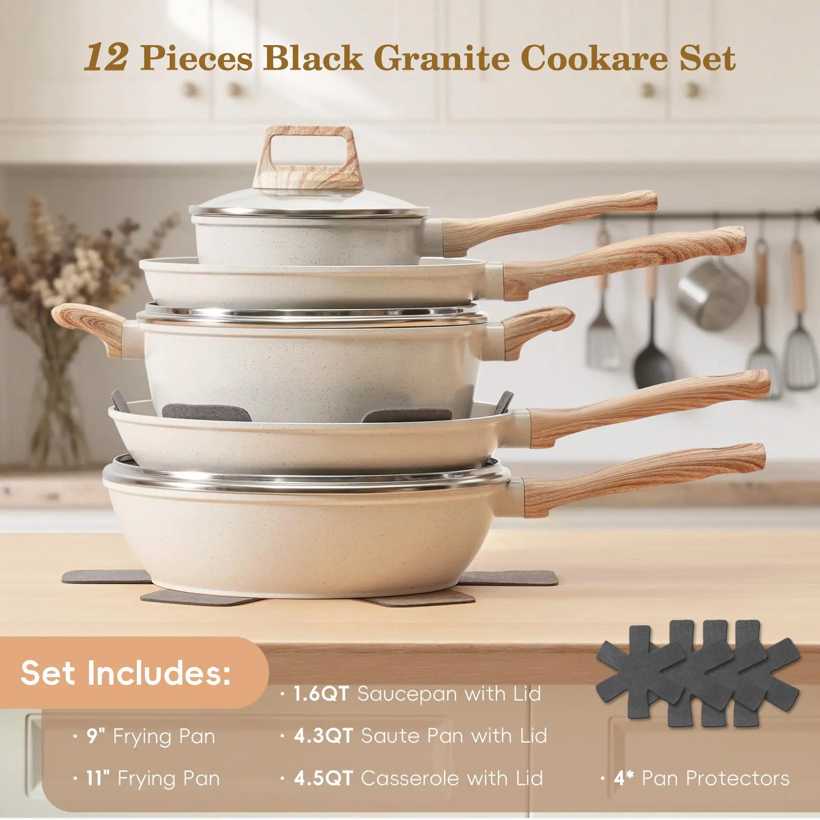 12pcs Pots and Pans Set Non Stick Kitchen Cookware Sets Granite Cooking Set with Frying Pans, Saucepans, Nonstick Pots with Glass Lid, summersale,home essentials,backtoschool, glowup