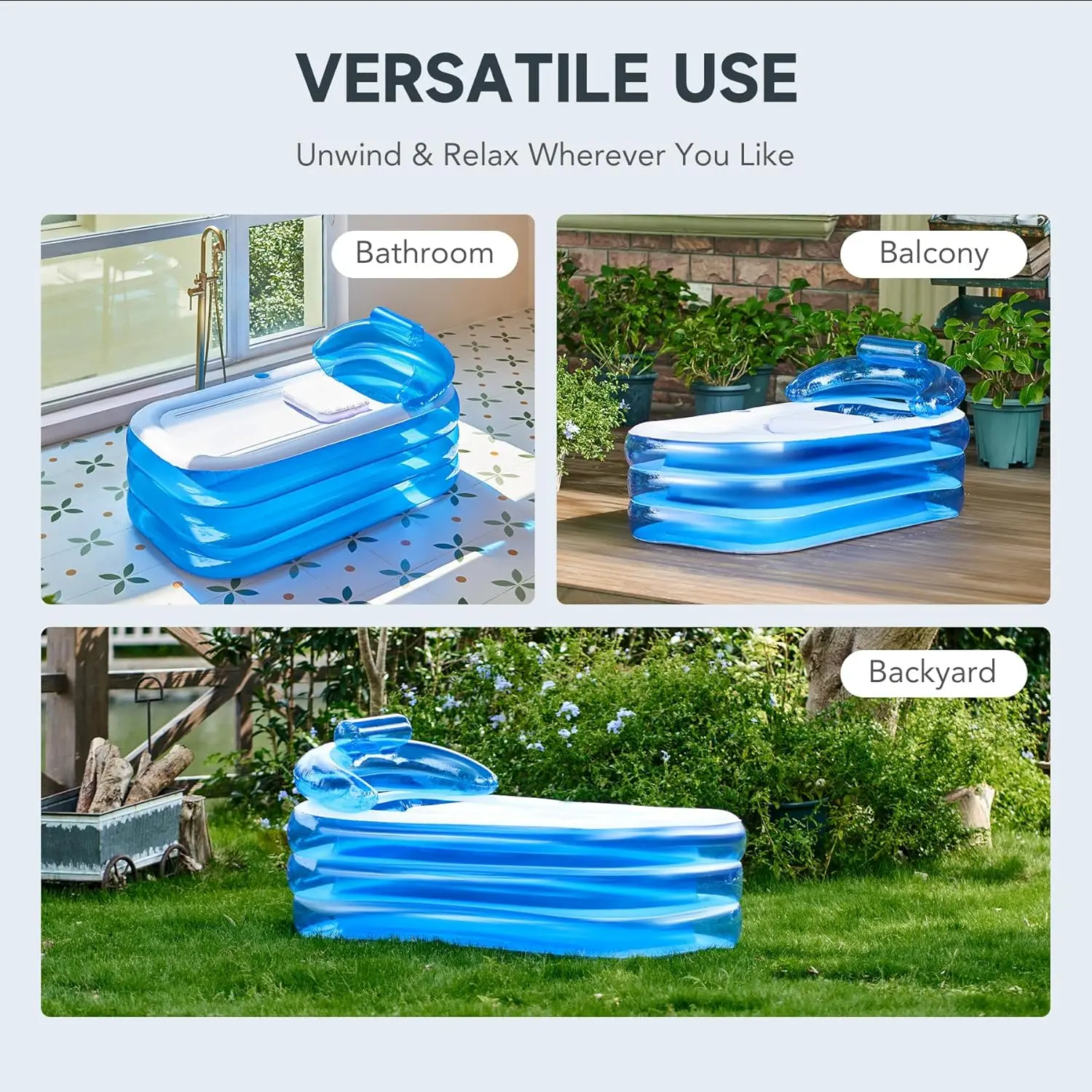 Inflatable Bathtub with Electric Air Pump & Bath Pillow Headrest Portable Blow Up Tub for Adults Durable PVC Material Indoor Outdoor Use Foldable Spa Cover Drainage Hose Cup Holder