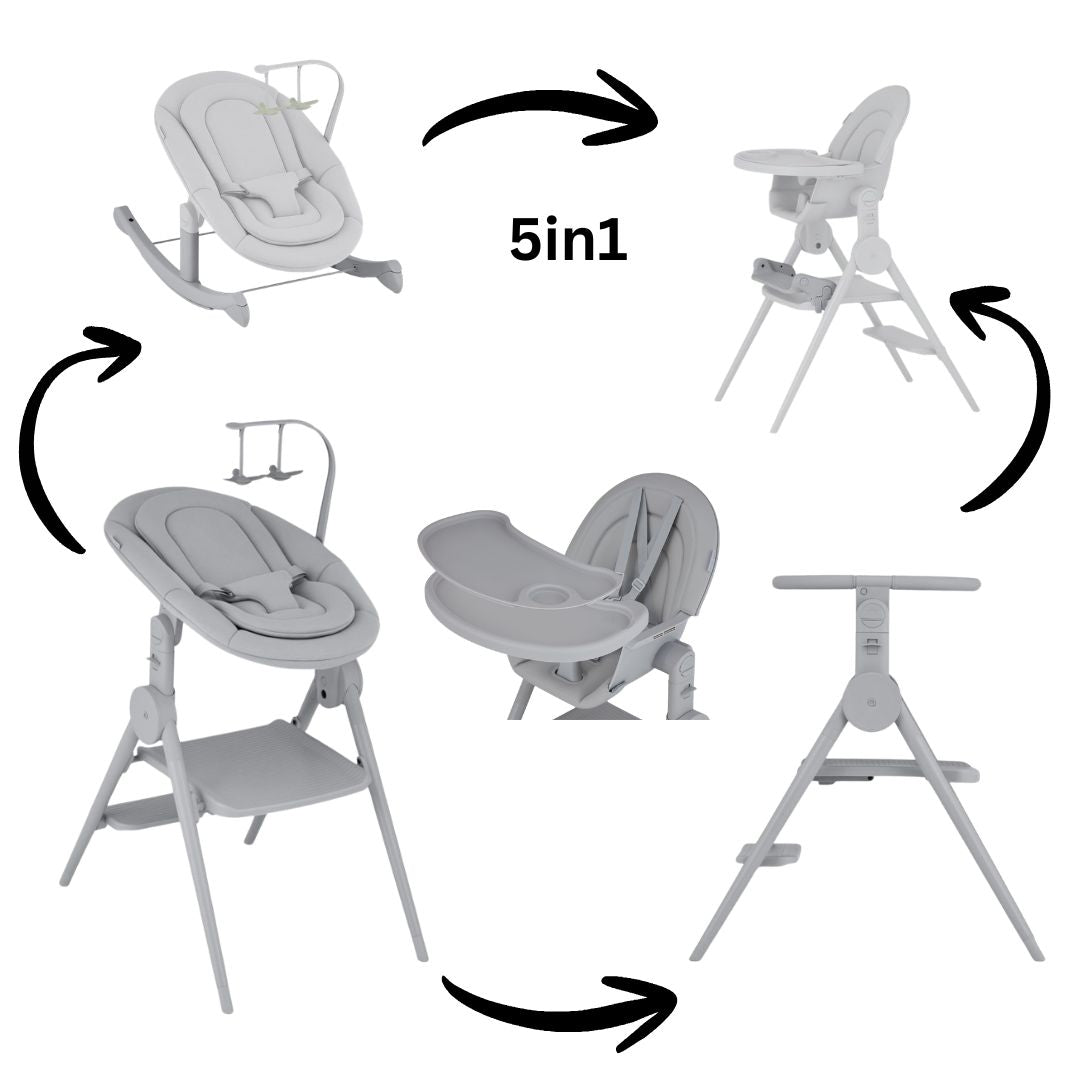 Versatile 5‑in‑1 modular kids furniture, converts to newborn insert, high chair, learning tower, rocker and footrest for ages birth‑5 years.
