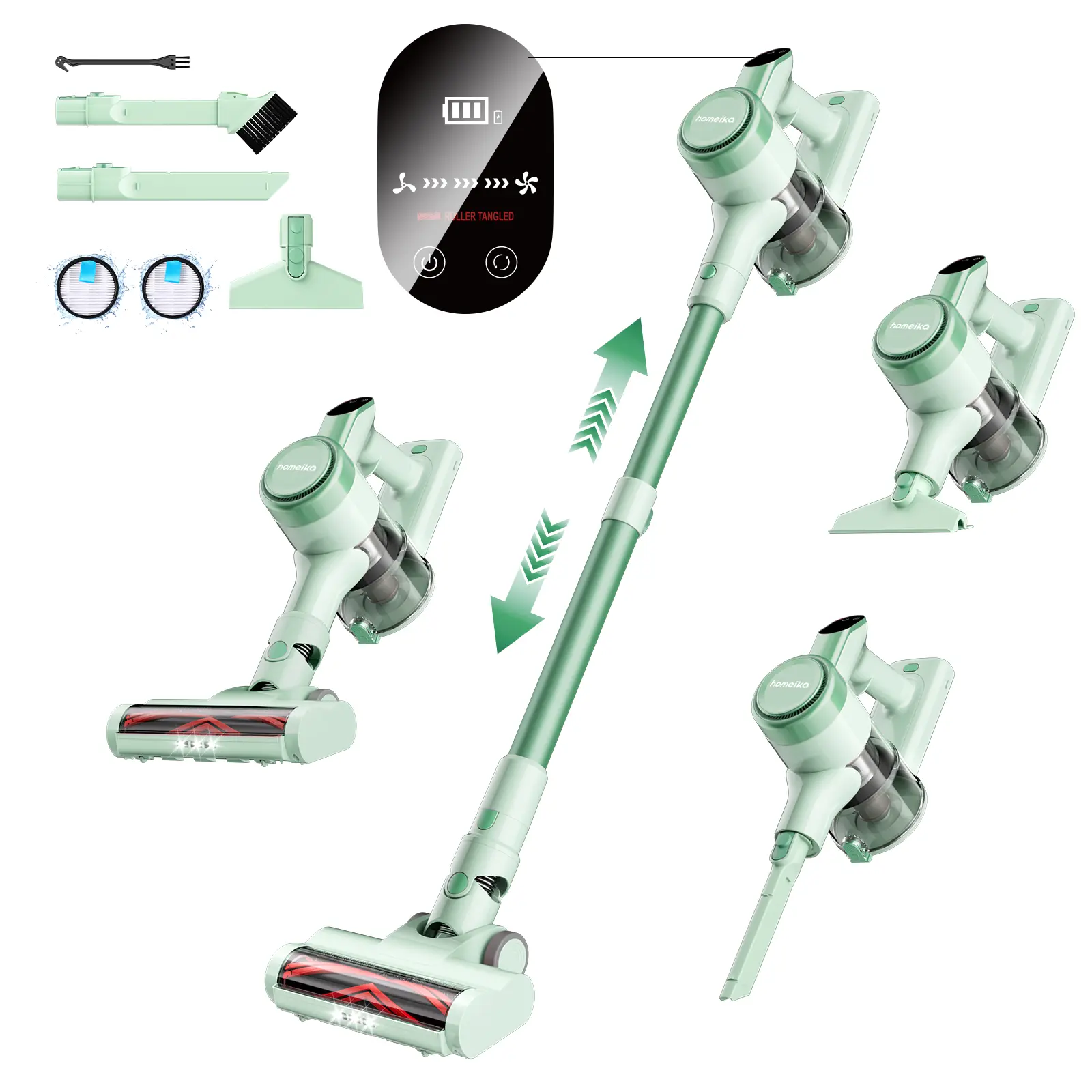 Power‑run cordless vacuum with 3 suction modes, detachable long‑life battery, LED brush head and handy accessories for full‑house one‑hand cleaning.