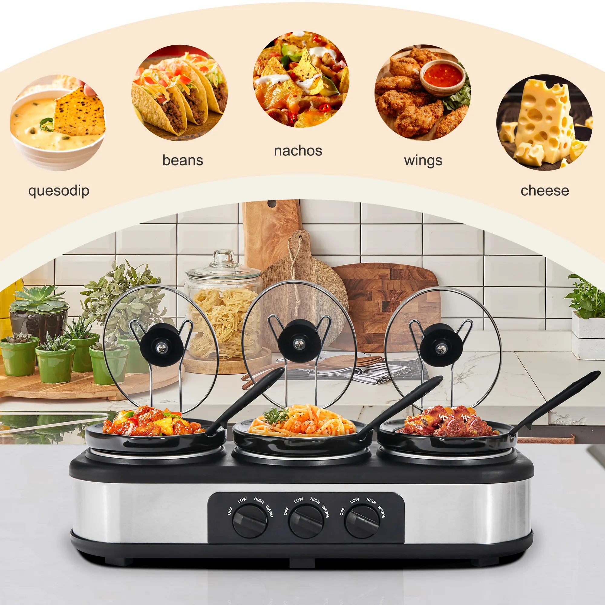 Triple‑pot slow cooker with independent temperature controls, cook three dishes at once, dishwasher‑safe pots, ideal for family meals and entertaining guests.
