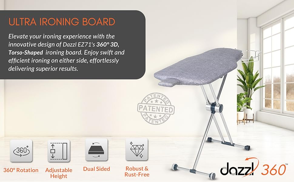Dazzl 360° dual-sided ironing board with adjustable height and rust-free design