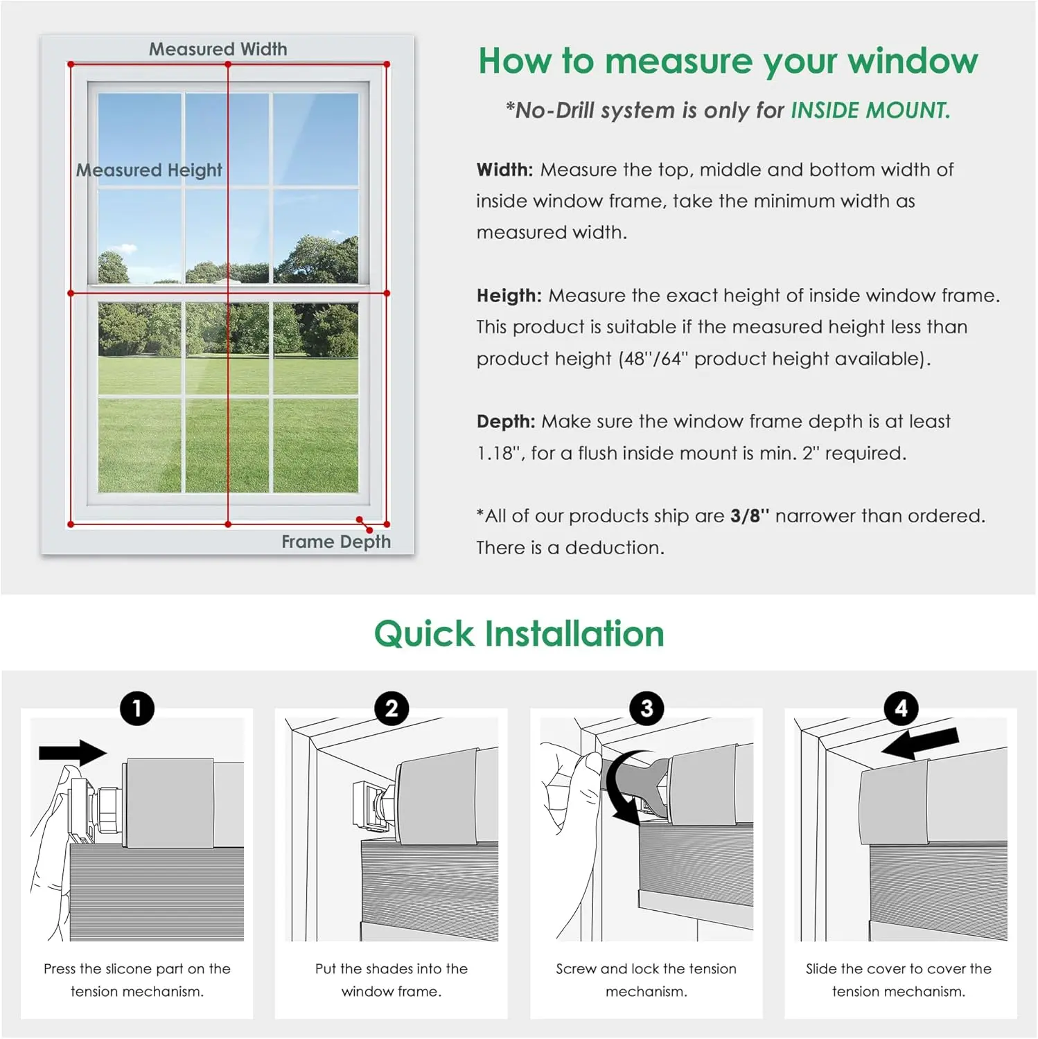 No Drill Cordless Cellular Shades - Easy Install Honeycomb Blinds for Windows, 20'' W x 48'' H, White Home & Kitchen