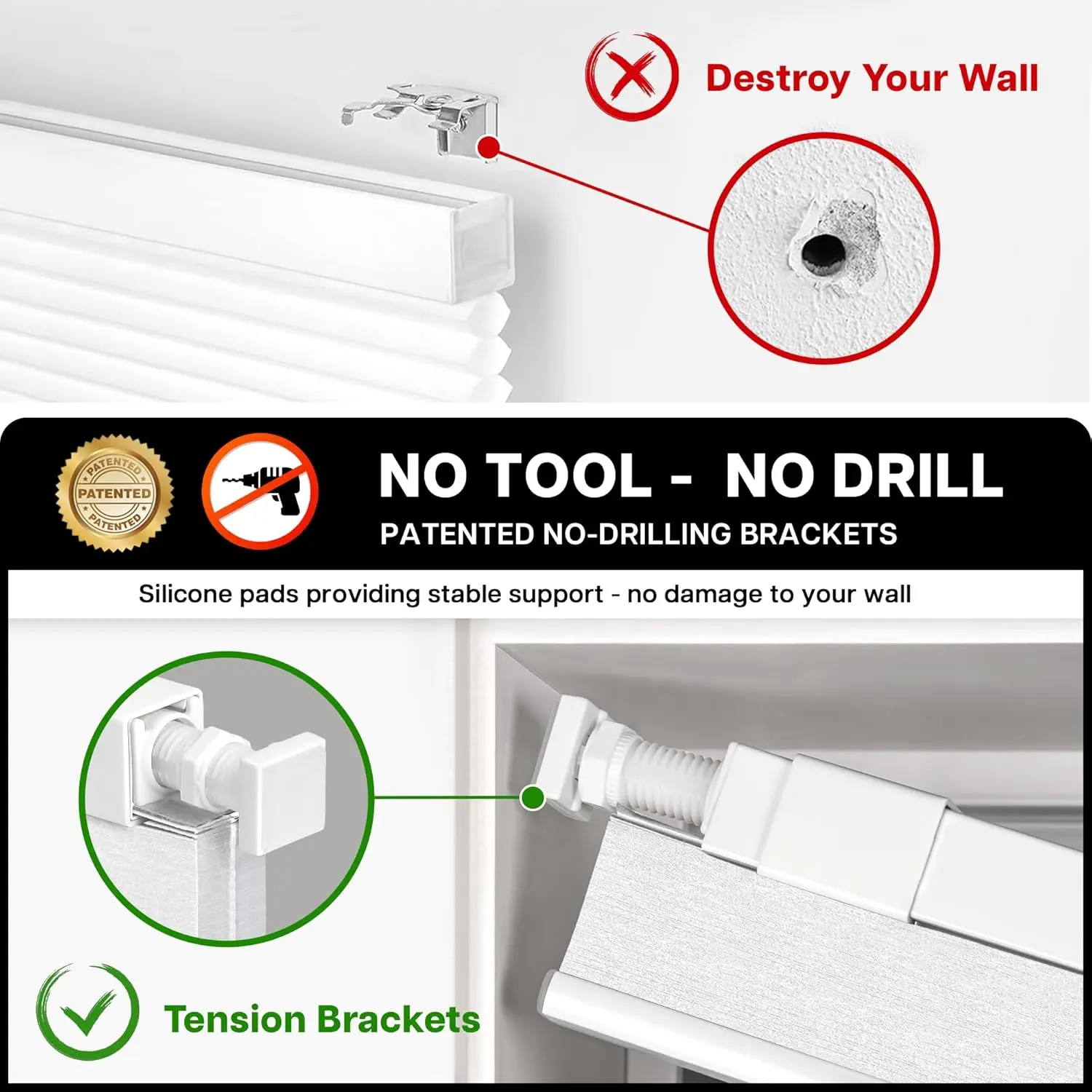 No Drill Cordless Cellular Shades - Easy Install Honeycomb Blinds for Windows, 20'' W x 48'' H, White Home & Kitchen