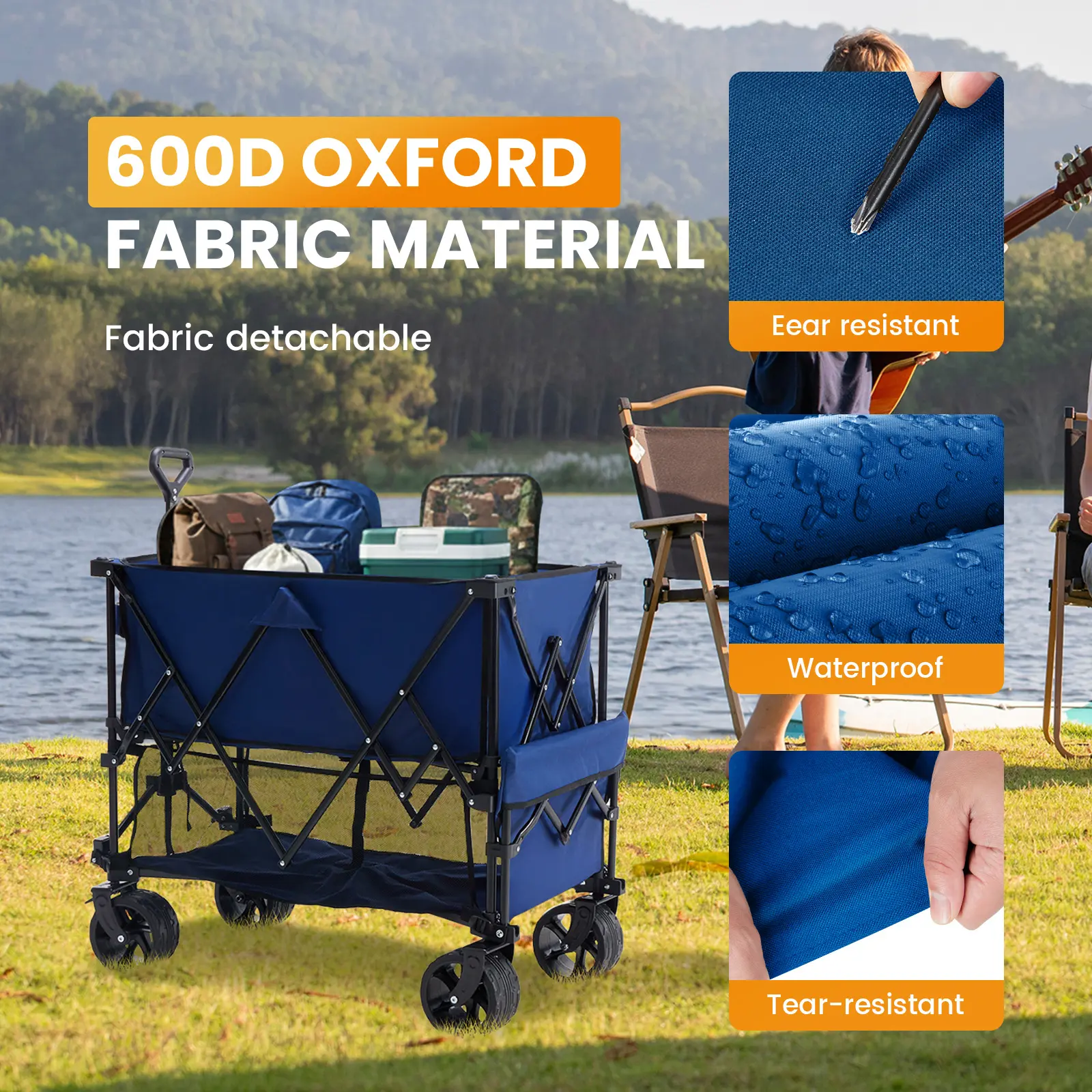 This large‑capacity collapsible utility wagon boasts tough 600D Oxford fabric, adjustable pull‑handle and 360° swivel wheels for all‑terrain outdoor hauling.