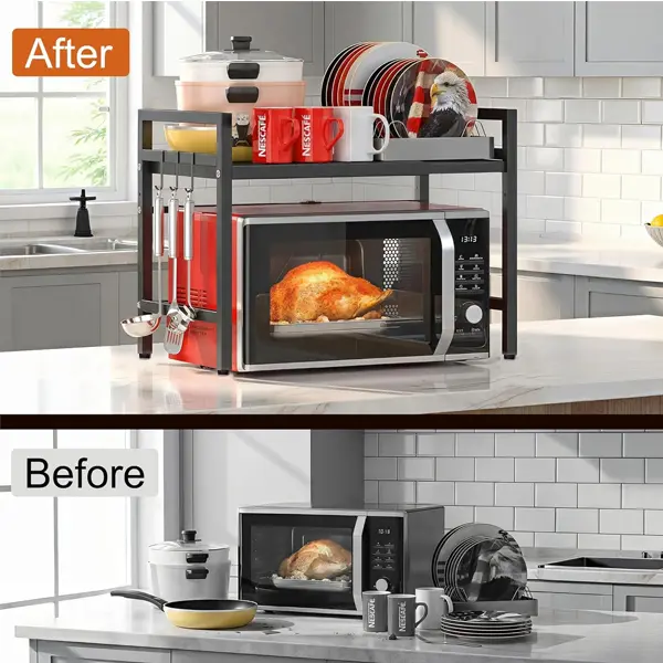 Adjustable Double-Layer Carbon Steel Microwave Rack for Kitchen Countertop Home Storage