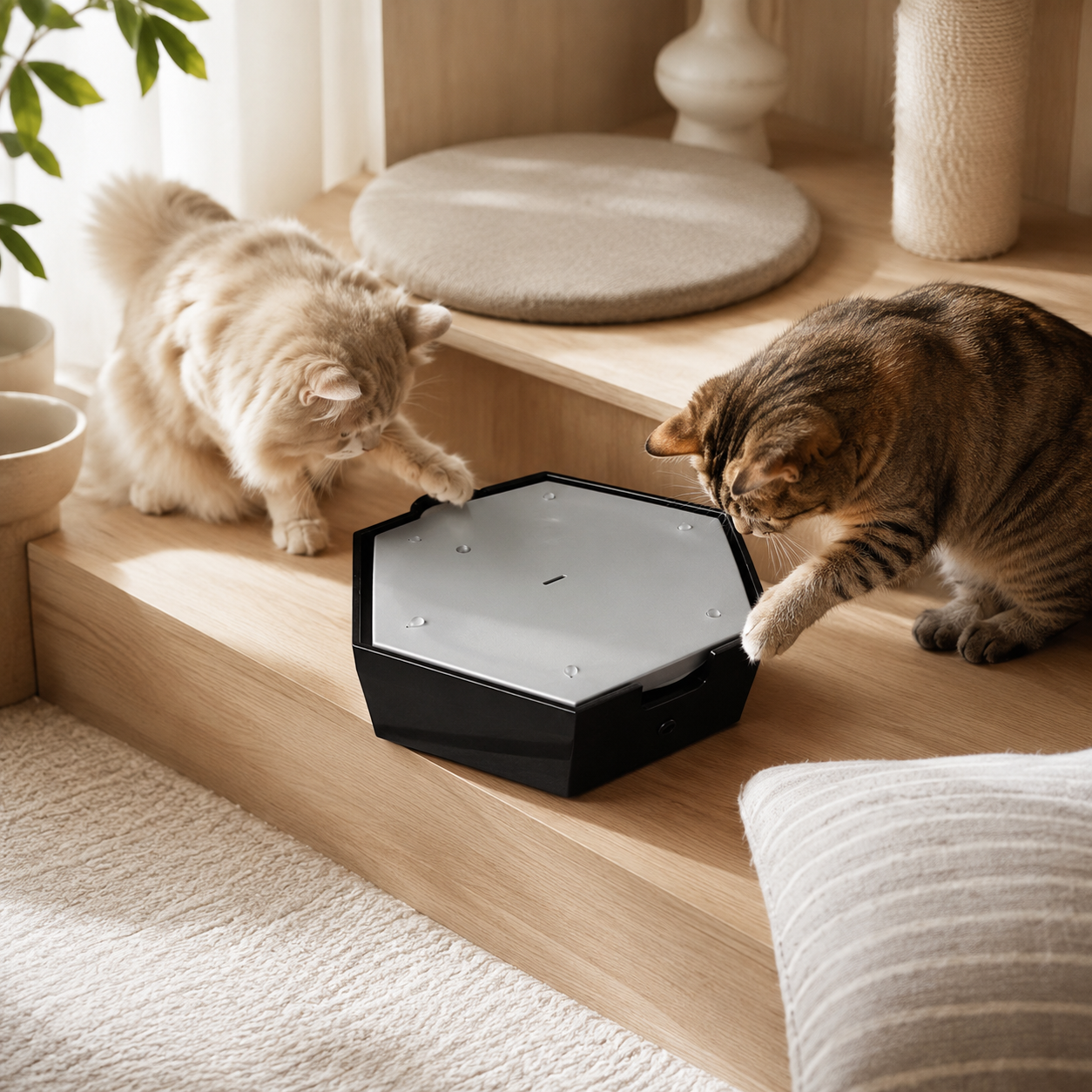 Rechargeable water‑flow cat toy, encourages drinking and playful activity, triggers natural hunting instincts for independent mental enrichment for indoor cats.