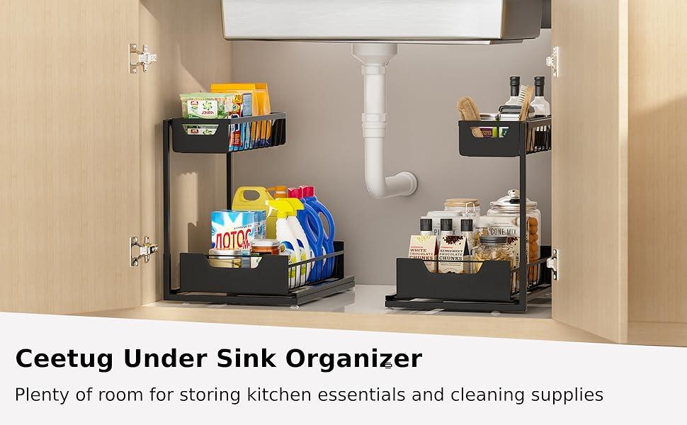 Undersink storage rack with 2 layers of high-quality metal pull-out kitchen cabinet storage boxand sliding drawer, adjustable height, heavy-dutykitchen and bathroom storage container