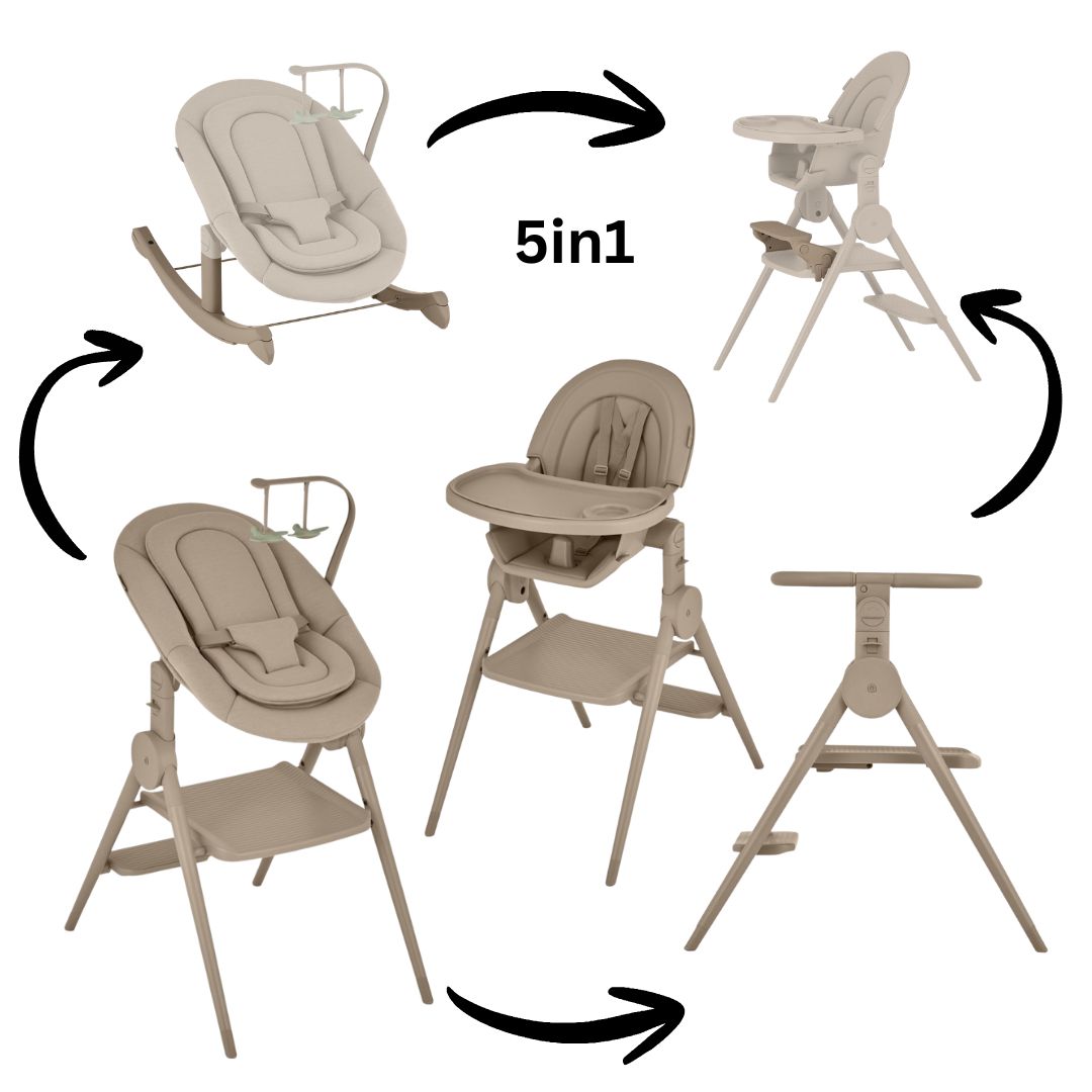Versatile 5‑in‑1 modular kids furniture, converts to newborn insert, high chair, learning tower, rocker and footrest for ages birth‑5 years.