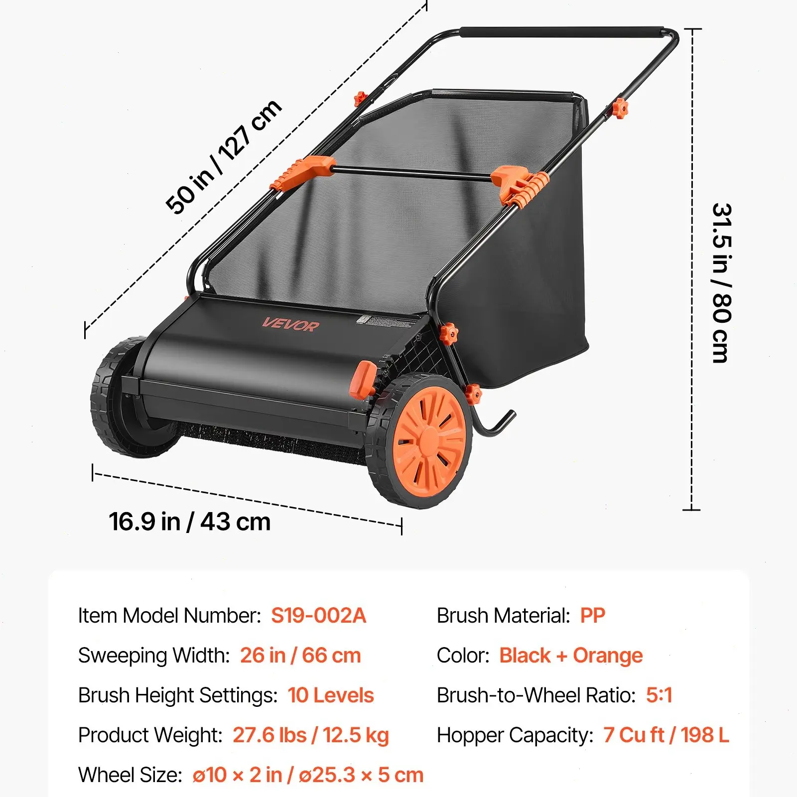 26‑inch manual push lawn sweeper with adjustable‑height dense spinning brushes, heavy‑duty steel frame and large 7 ft³ hopper bag for easy garden leaf and grass‑debris clearance.