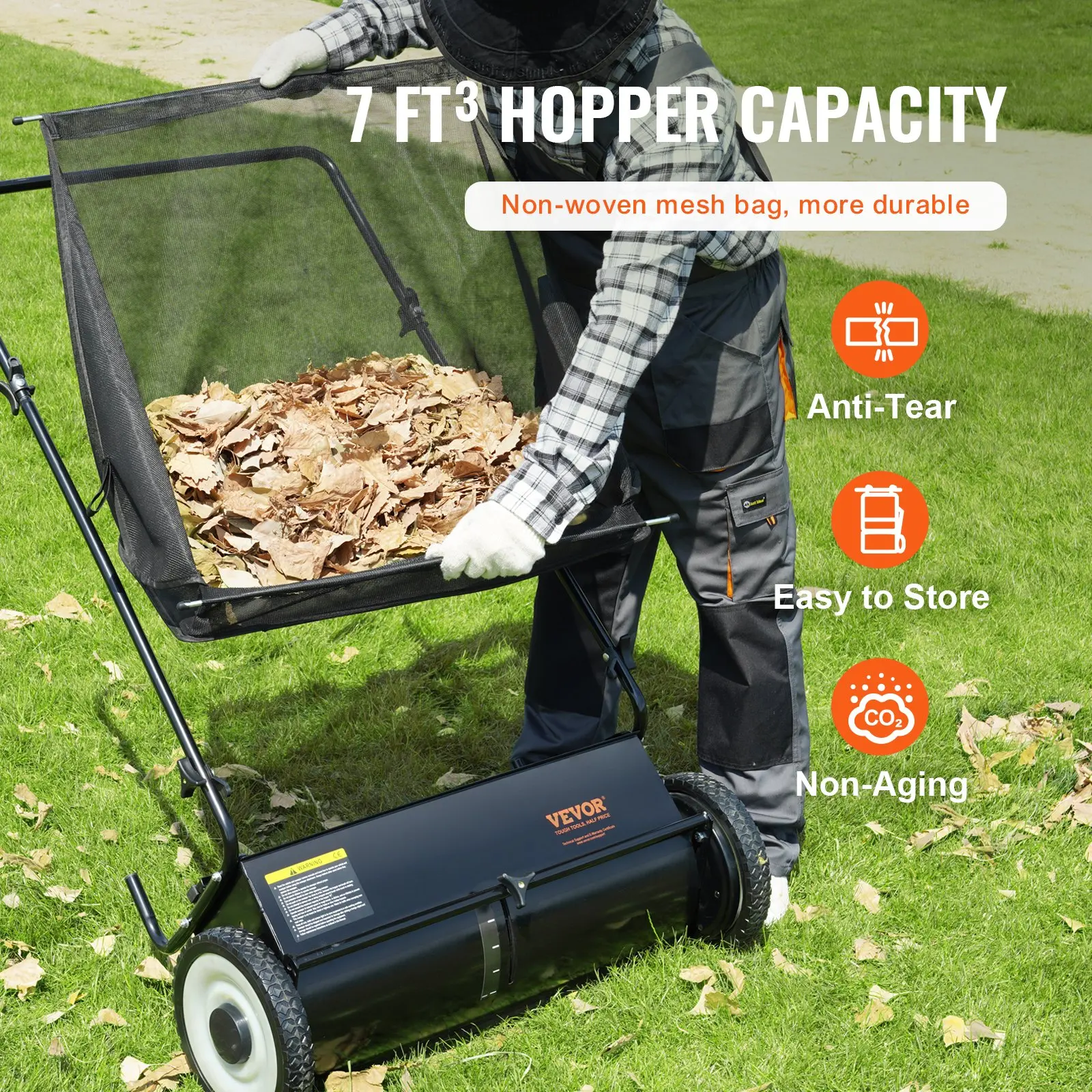 26‑inch manual push lawn sweeper with adjustable‑height dense spinning brushes, heavy‑duty steel frame and large 7 ft³ hopper bag for easy garden leaf and grass‑debris clearance.