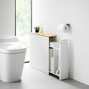 Space‑slim pull‑out bathroom storage cabinet holds toilet rolls & cleaning gear, with magnetic sides and decorative natural wood‑effect top for tidy modern bathrooms.