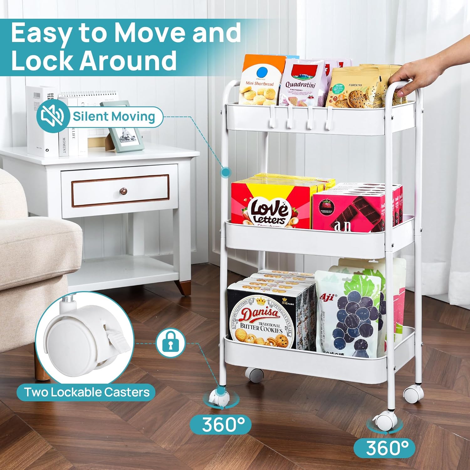 3-Tier Rolling Utility Cart with Wheels, Space-Saving Storage Organizer for Kitchen, Bathroom, Office and Dorm, Easy Assembly