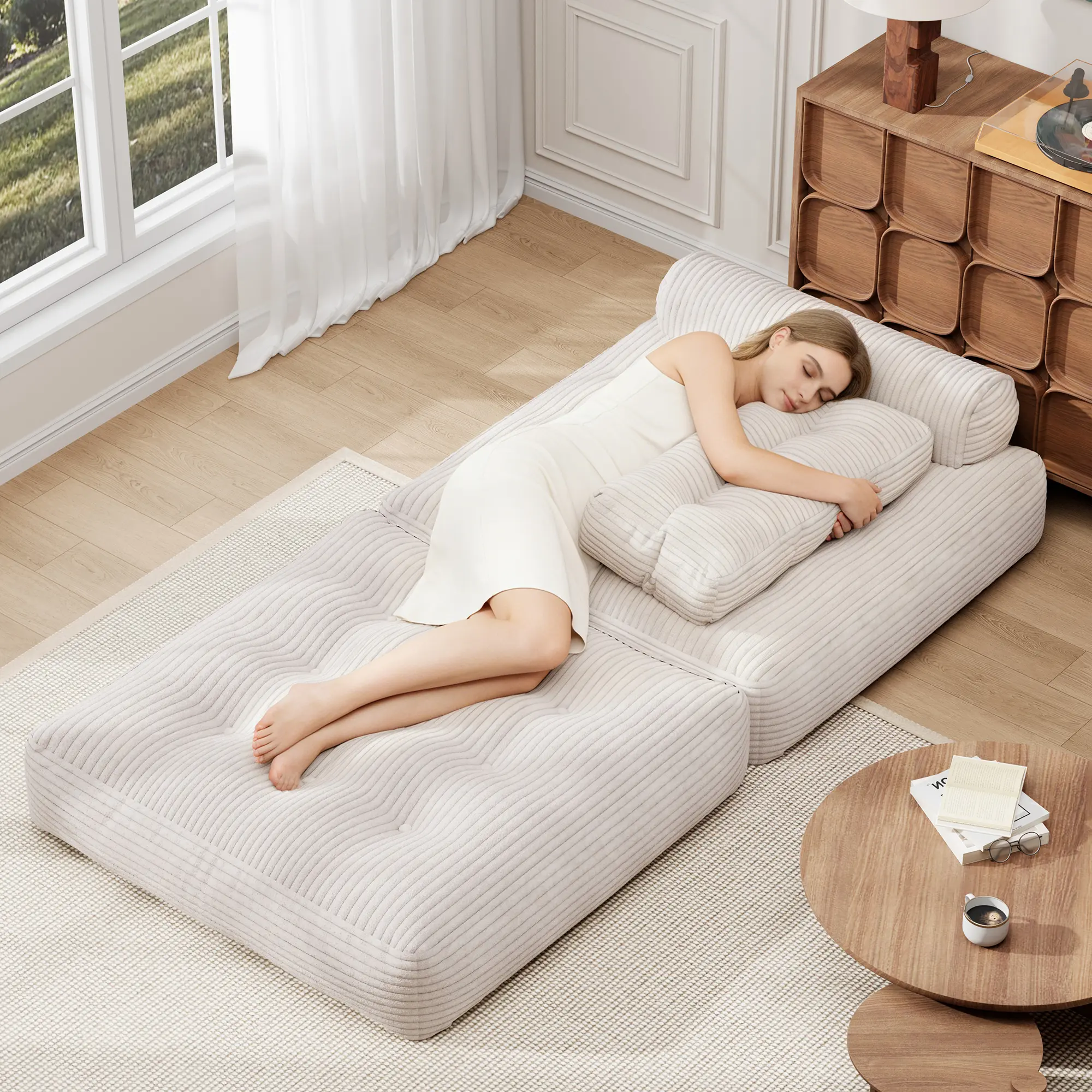 Cnmcld Folding Sofa Bed with Headrest & Lumbar Pillows, 3‑in‑1 Convertible Couch for Sitting Lounging Sleeping, Soft Corded Fabric in Pink Gray Beige for Dorm Small Apartment