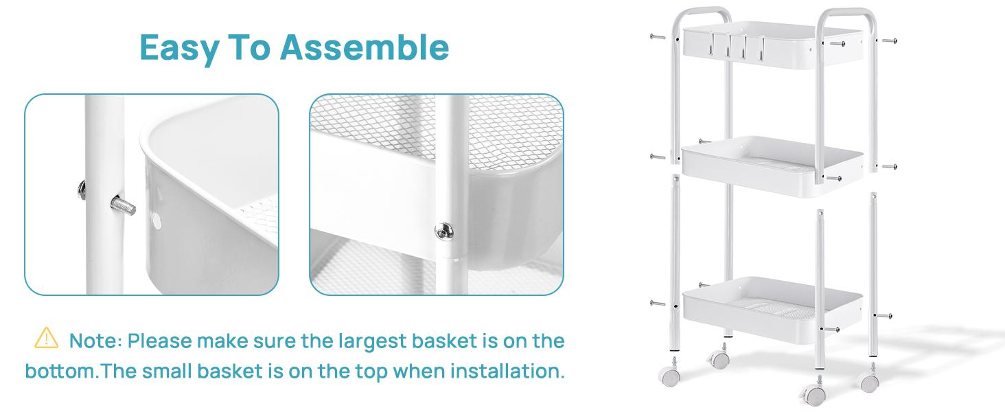 3-Tier Rolling Utility Cart with Wheels, Space-Saving Storage Organizer for Kitchen, Bathroom, Office and Dorm, Easy Assembly