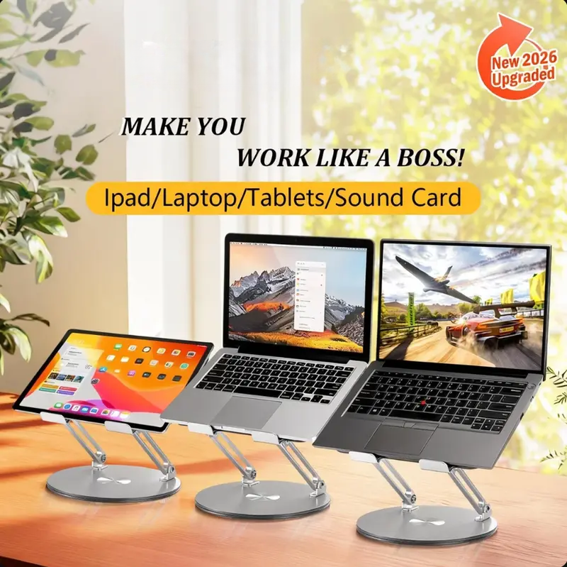 【360° Rotating Laptop Stand】Adjustable Foldable Aluminum Laptop Stand, 2-in-1 Multifunctional Laptop Stand Hub for Gaming laptop & Mobile stand,Gray