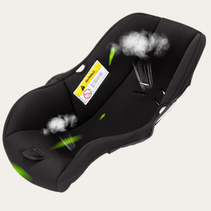 Plusieurs vues d'un si&egrave;ge d'auto pour b&eacute;b&eacute; ou d'un porte-b&eacute;b&eacute; noir avec des &eacute;tiquettes de s&eacute;curit&eacute; jaunes visibles.