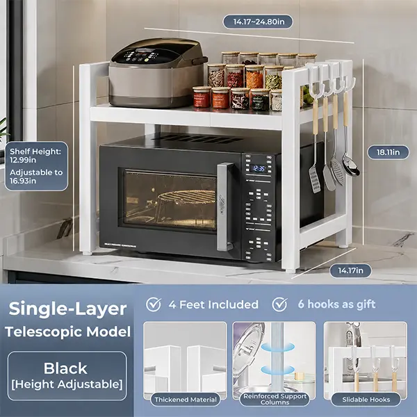 Adjustable Double-Layer Carbon Steel Microwave Rack for Kitchen Countertop Home Storage