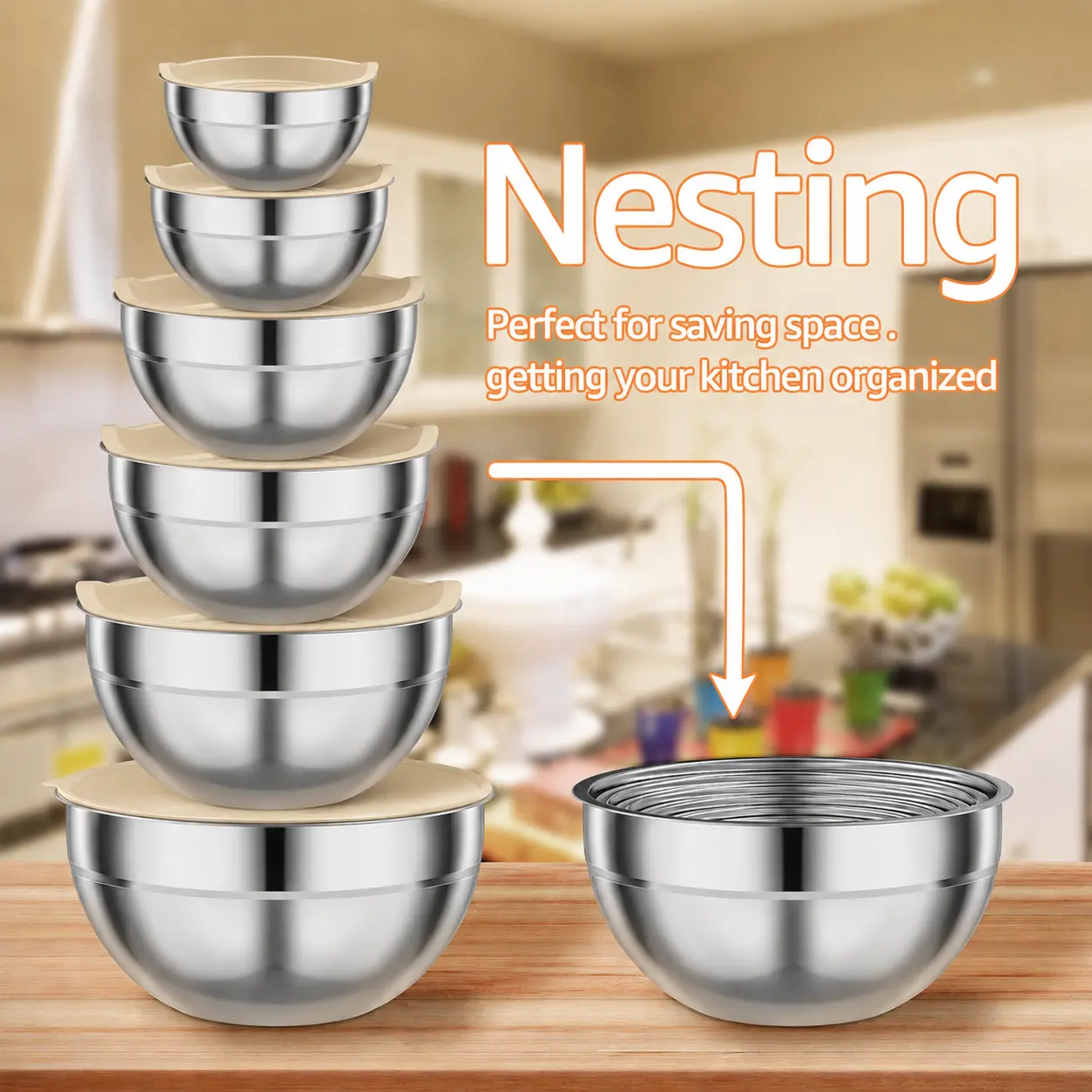 Mixing Bowl Set 6 Stainless Steel Bowls with Lids & Grater