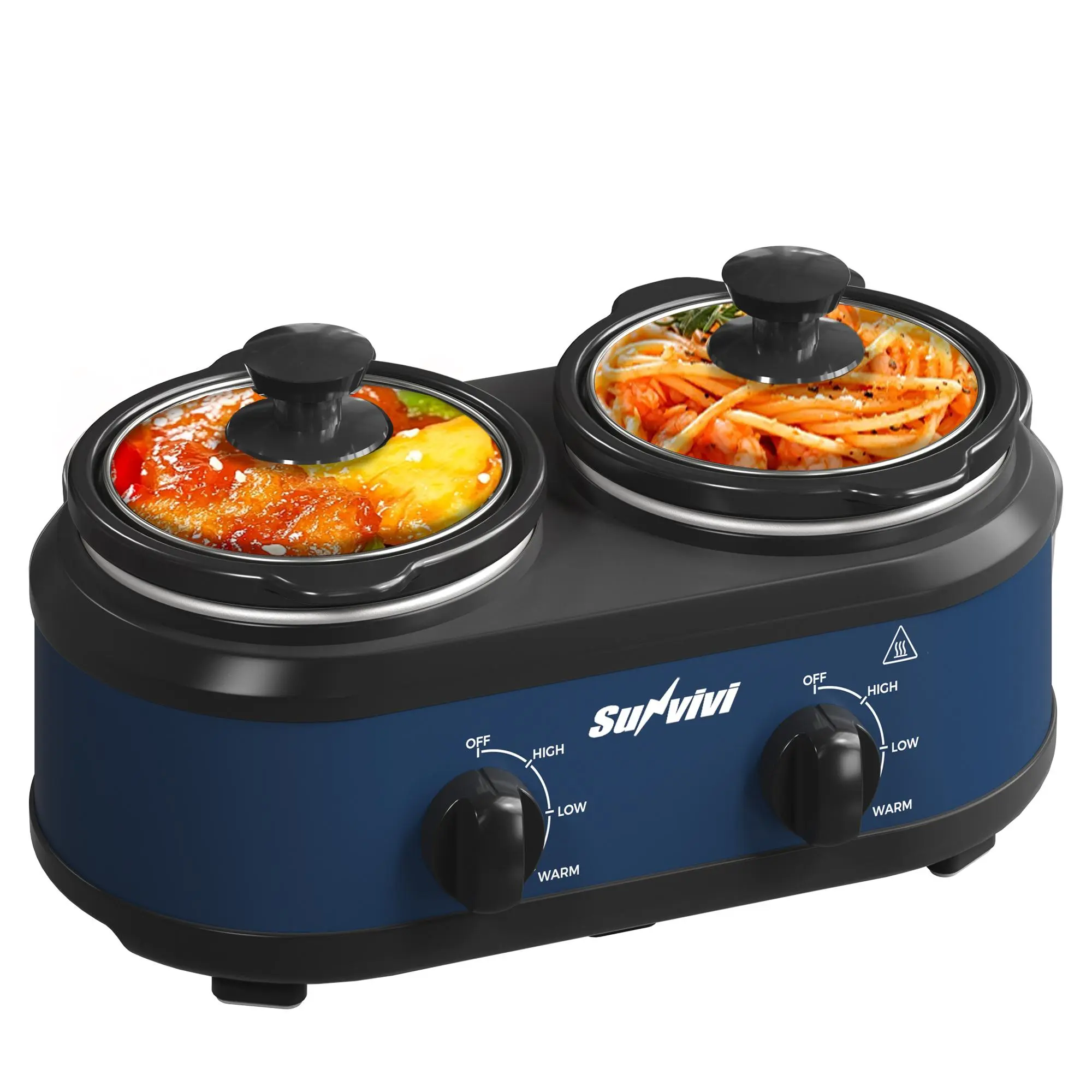 Triple‑pot slow cooker with independent temperature controls, cook three dishes at once, dishwasher‑safe pots, ideal for family meals and entertaining guests.
