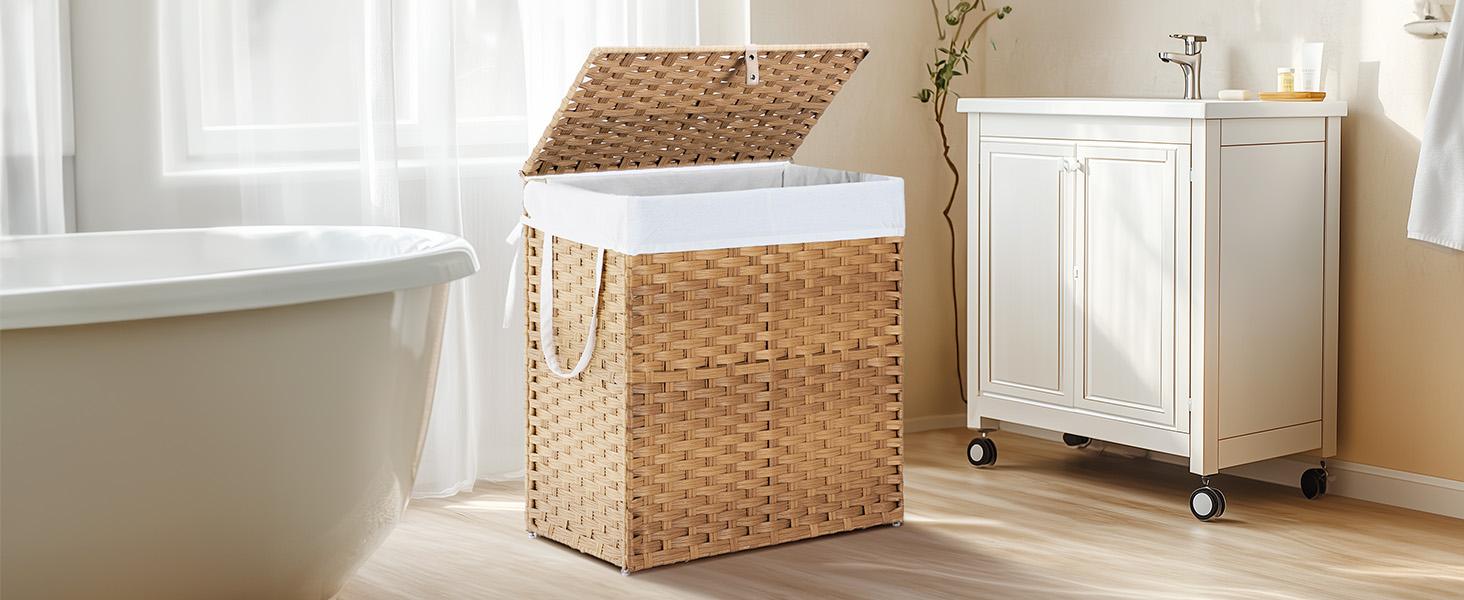Sweetcrispy Woven Rattan Laundry Hamper with Lid, Foldable Clothes Basket with Steel Frame and Removable Liner for Bathroom and Bedroom