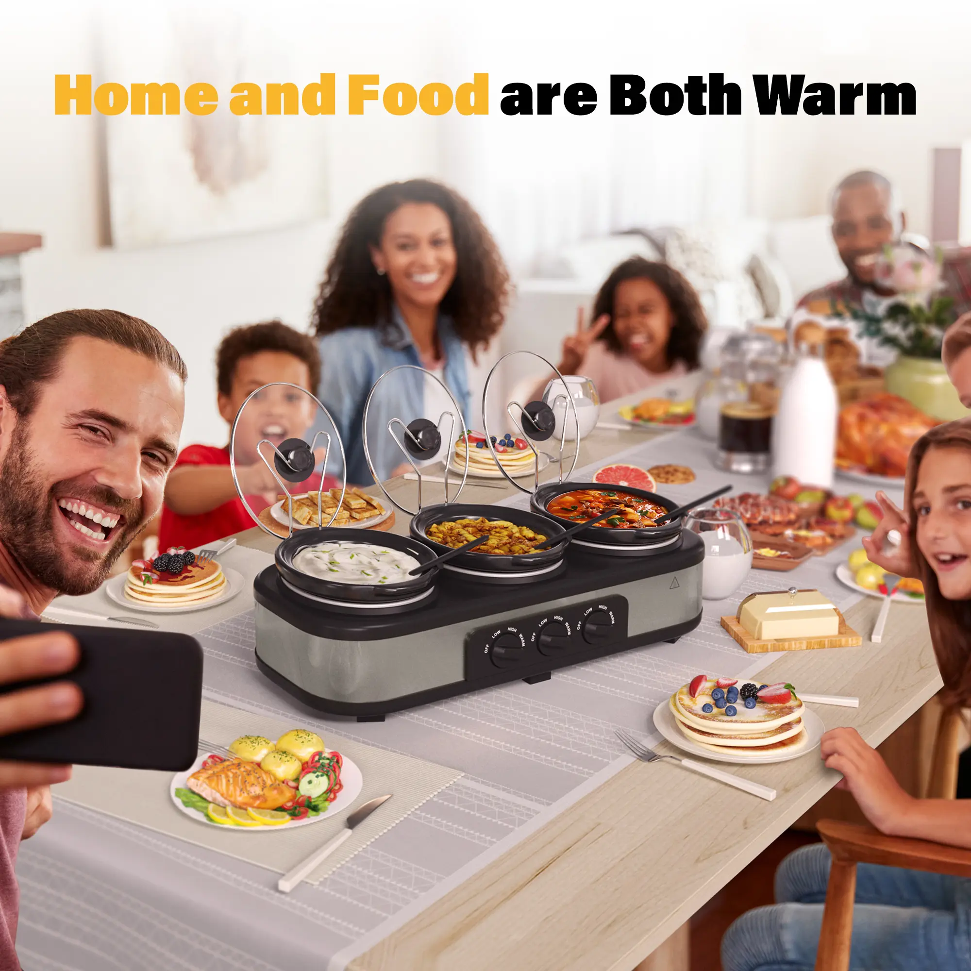 Triple‑pot slow cooker with independent temperature controls, cook three dishes at once, dishwasher‑safe pots, ideal for family meals and entertaining guests.