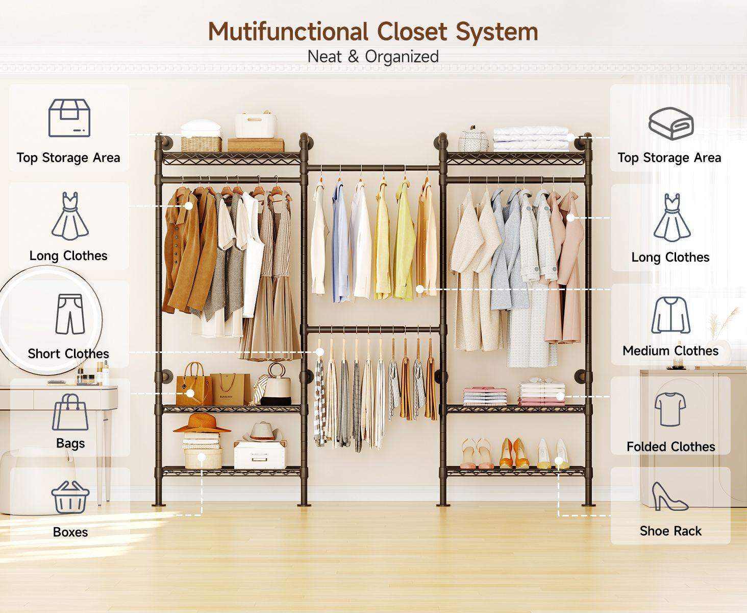 【MAX 900 LBS】ONBRILL Expandable(18.3-34.6") Wall Mounted Closet System, Industrial Pipe Clothing Rack, Clothes Rack Garment Racks Wardrobe Racks for Hanging Clothes, Heavy Duty Closet Organizers for LivingRoom Bedroom Furniture【BackToSchool】