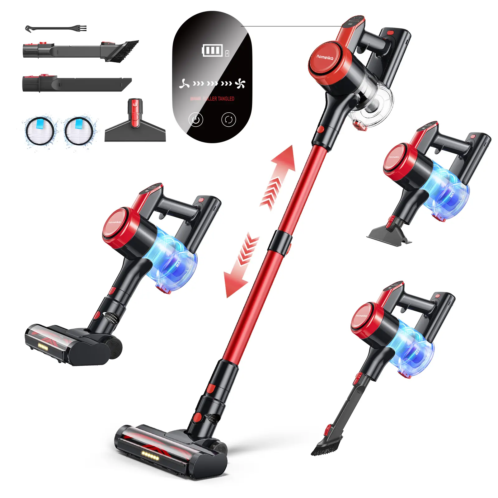 Power‑run cordless vacuum with 3 suction modes, detachable long‑life battery, LED brush head and handy accessories for full‑house one‑hand cleaning.