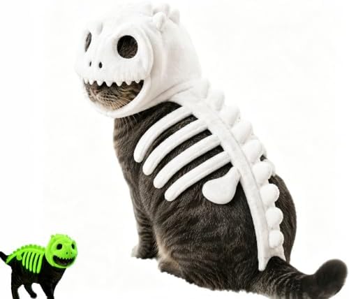 Soft plush glow‑in‑the‑dark dinosaur skeleton hooded outfit, fun eye‑catching Halloween costume ideal for cats for party and photo moments.