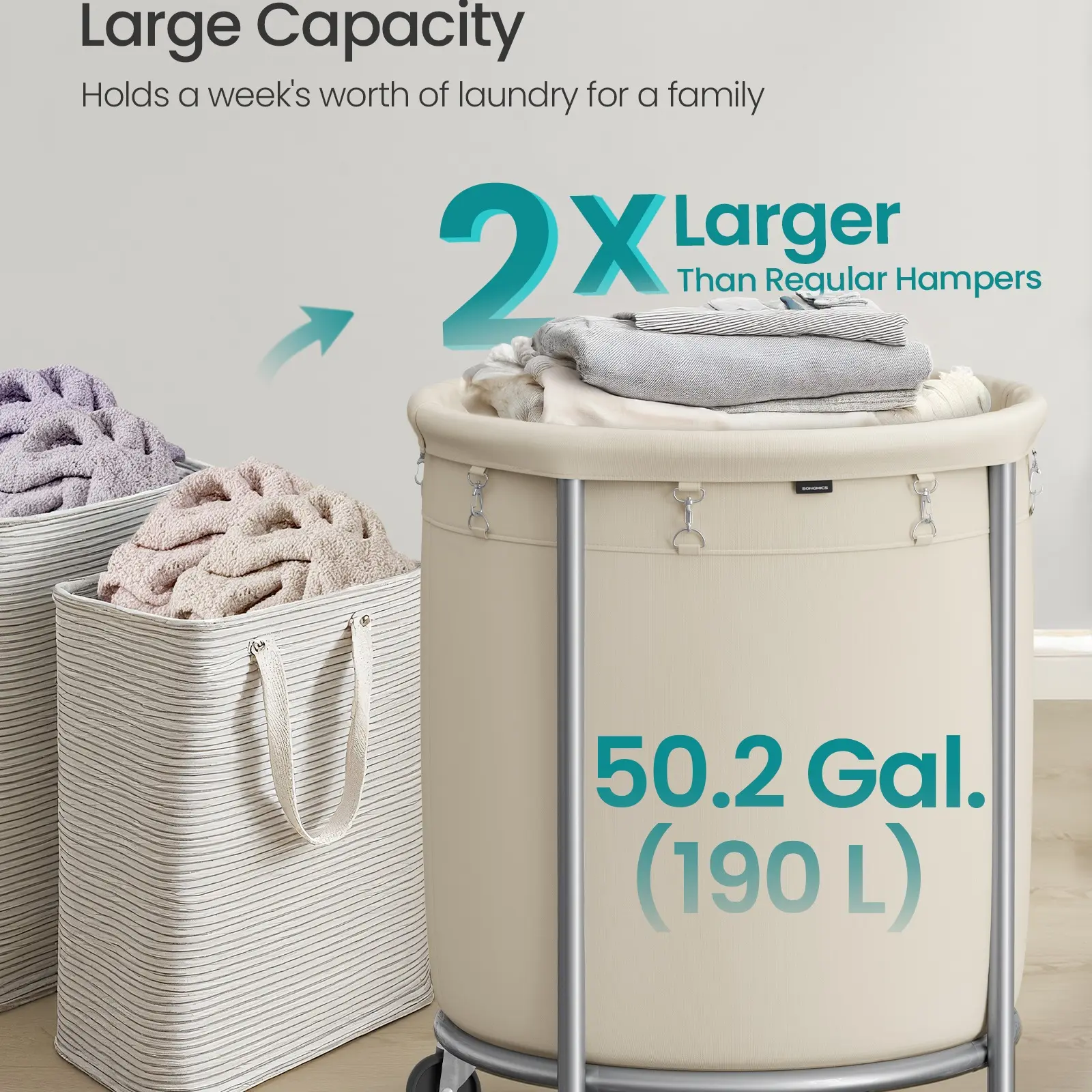 Spacious 45‑gallon rolling laundry hamper with waterproof 600D polyester body and sturdy steel frame, lockable wheels and 66lb load capacity for easy home clothes storage and movement.