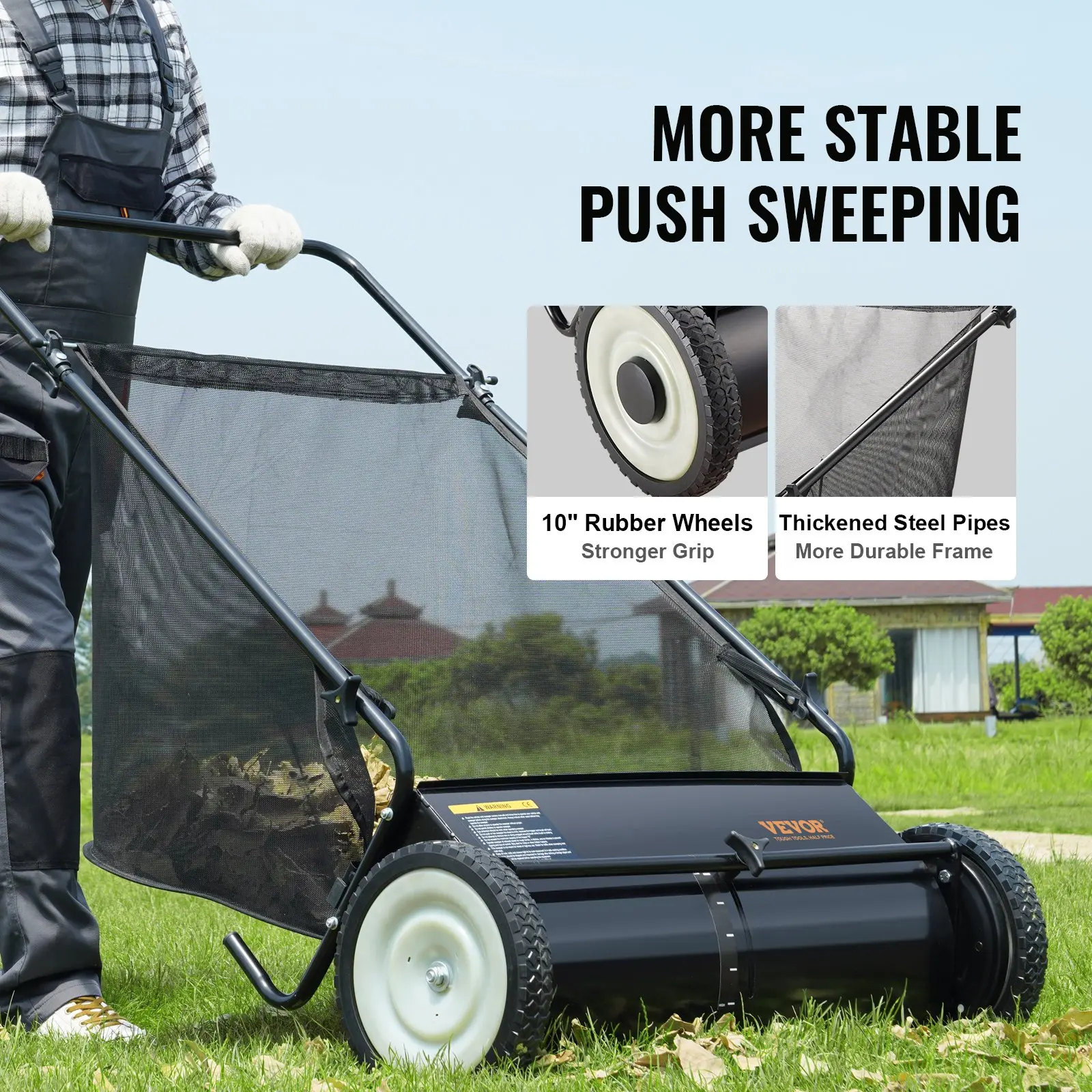 26‑inch manual push lawn sweeper with adjustable‑height dense spinning brushes, heavy‑duty steel frame and large 7 ft³ hopper bag for easy garden leaf and grass‑debris clearance.