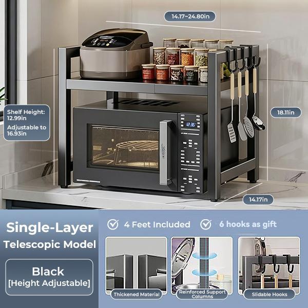 Adjustable Extendable Double-Layer Carbon Steel Microwave Rack - Kitchen Organization Solution for Home Kitchens Small Spaces, Spices Up Top Shelf, Assembly Required, for Countertop Utensils, Dishes & Small Appliances, Dorms