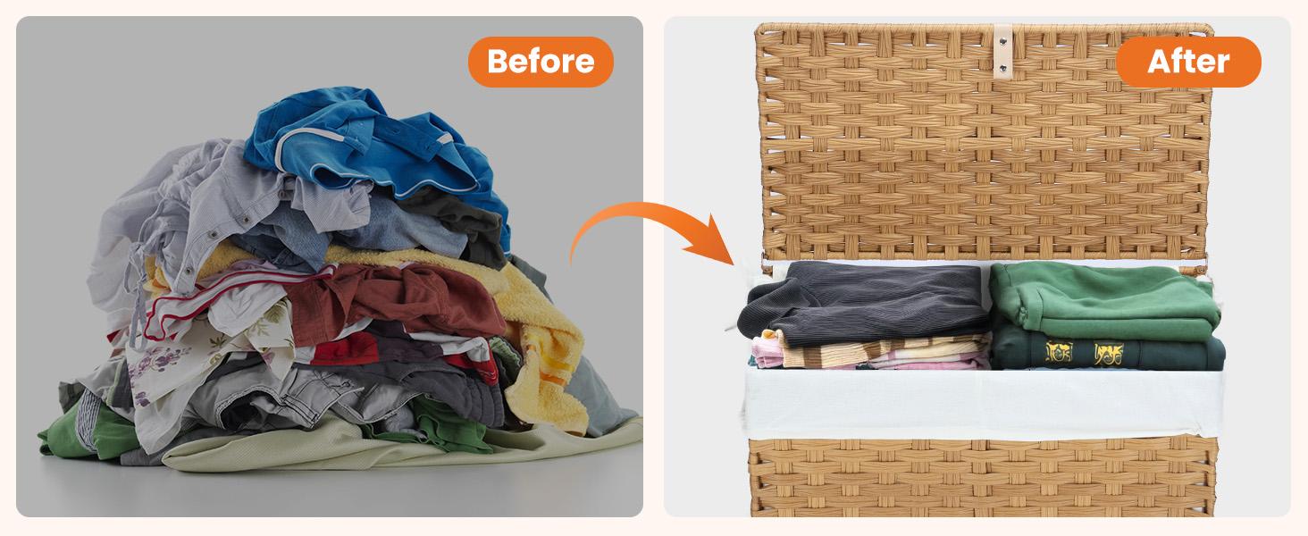 Sweetcrispy Woven Rattan Laundry Hamper with Lid, Foldable Clothes Basket with Steel Frame and Removable Liner for Bathroom and Bedroom