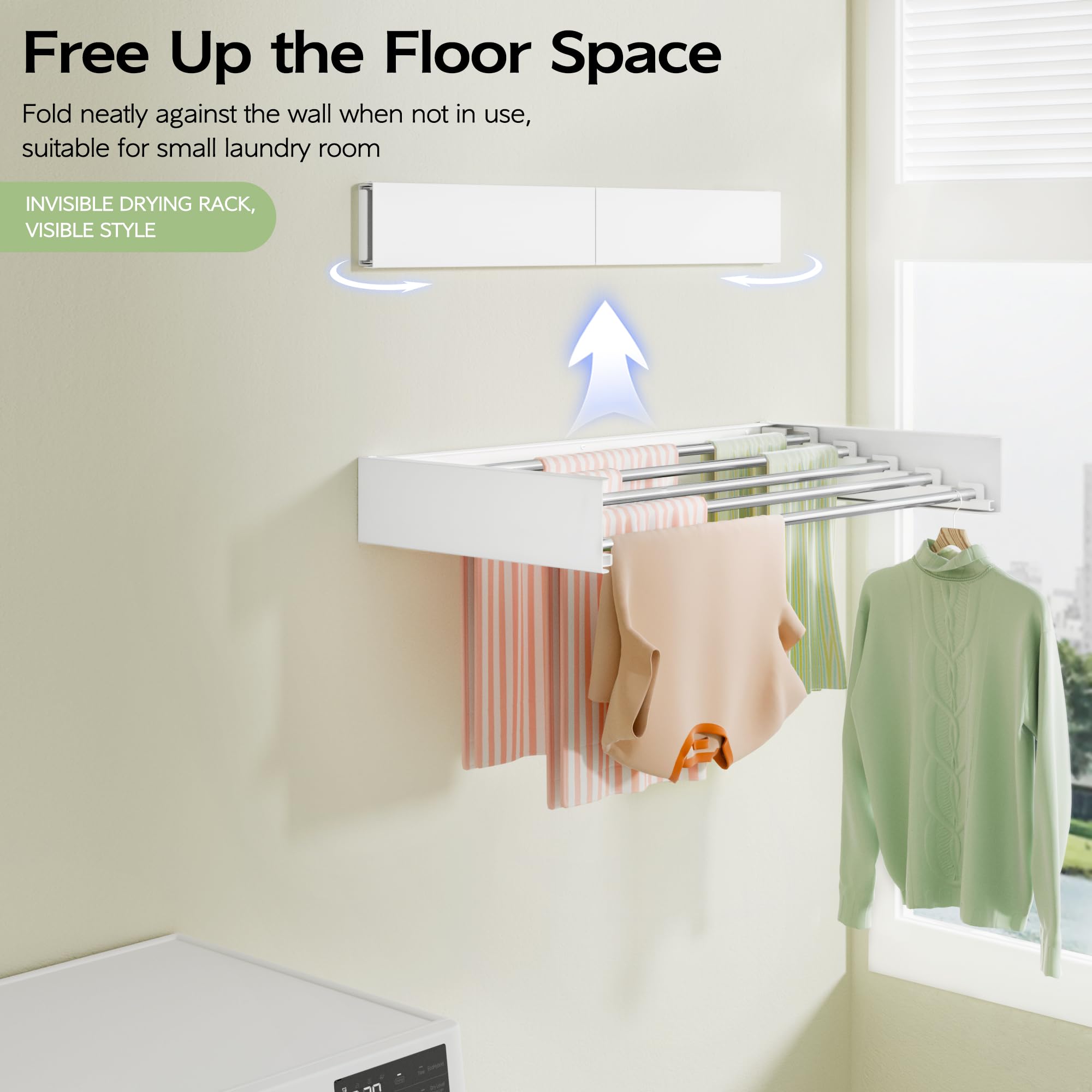 Foldable Wall Mounted Clothes Drying Rack, Wall Mount Laundry Rack Folding Indoor, Drying Rack Clothing Collapsible, Hidden Space Saver with Wall Template