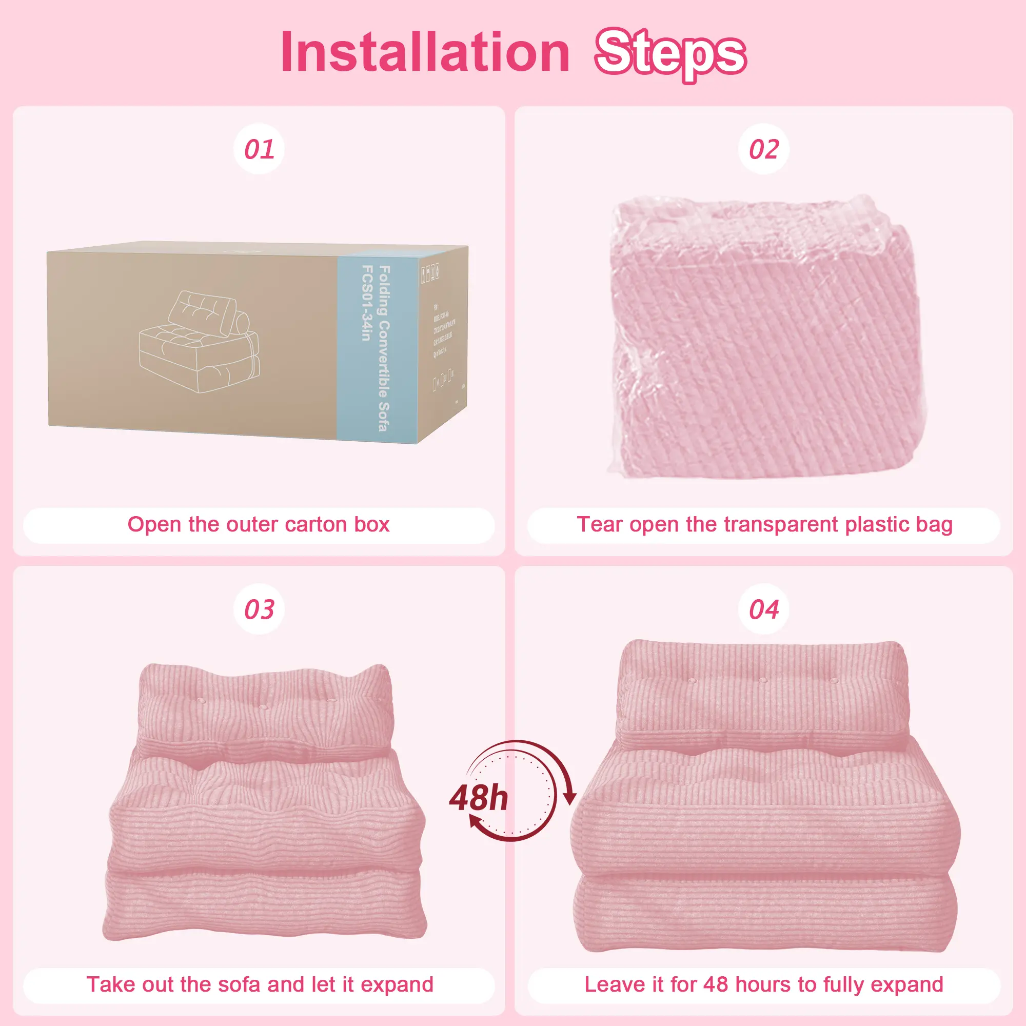 Cnmcld Folding Sofa Bed with Headrest & Lumbar Pillows, 3‑in‑1 Convertible Couch for Sitting Lounging Sleeping, Soft Corded Fabric in Pink Gray Beige for Dorm Small Apartment