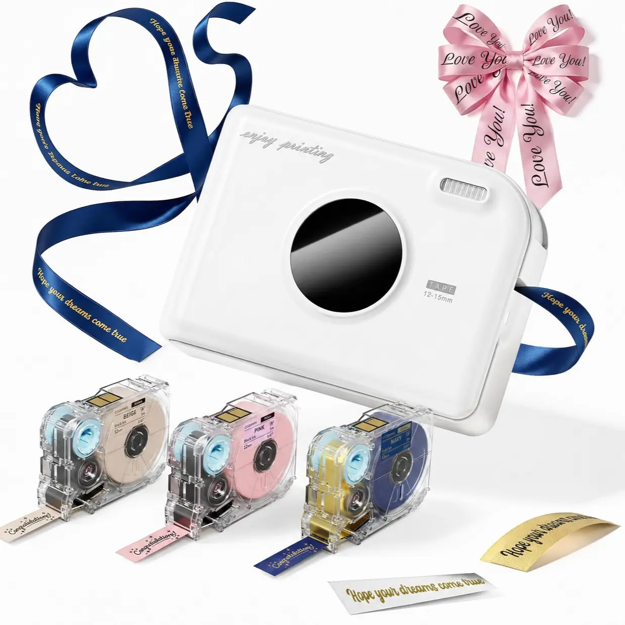Bluetooth Inkless Thermal Ribbon Printer, Mini Label Maker Machine with Waterproof Labels, for Wedding Bouquets, Party Favors, Fabric Tags, DIY Crafts & Back‑to‑School Supplies, Compatible with Phone & PC