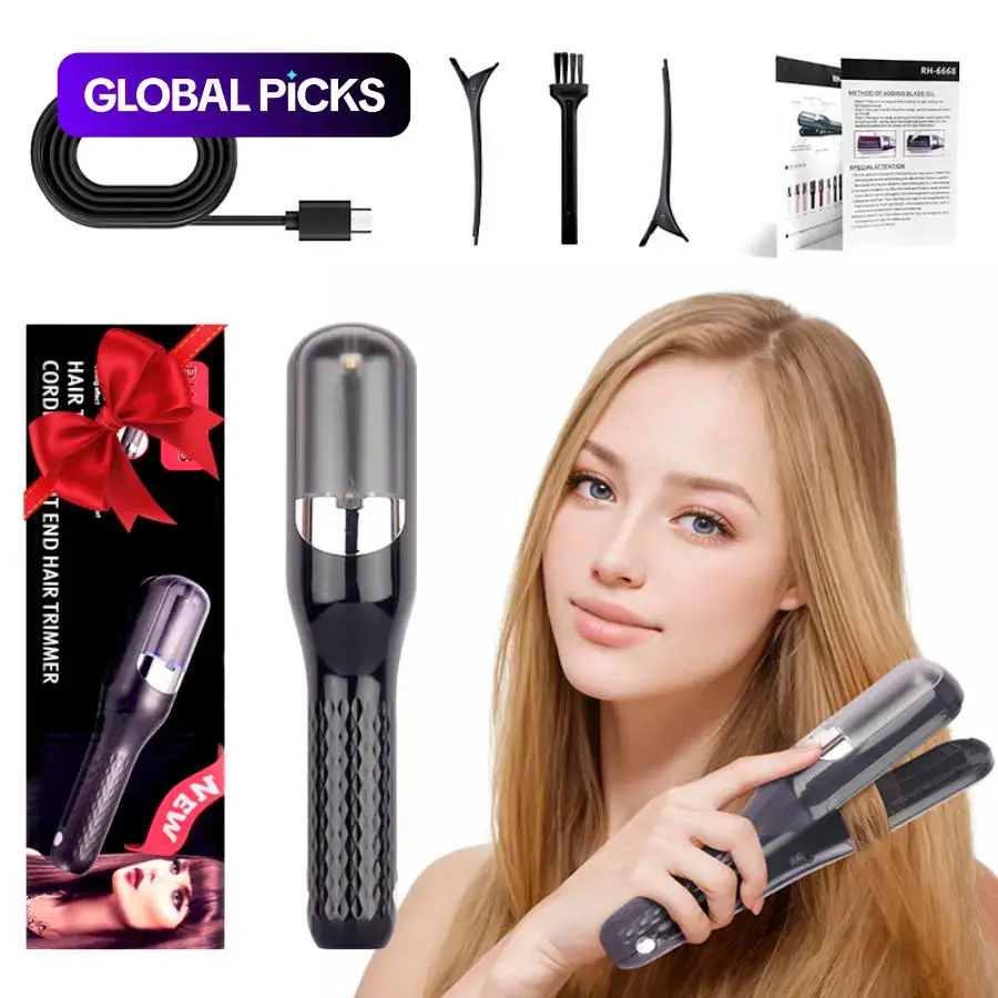 Lightweight USB‑rechargeable hair trimmer with automatic cutting for split‑end trimming, compact for home and travel and available in multiple colours as a handy gift.