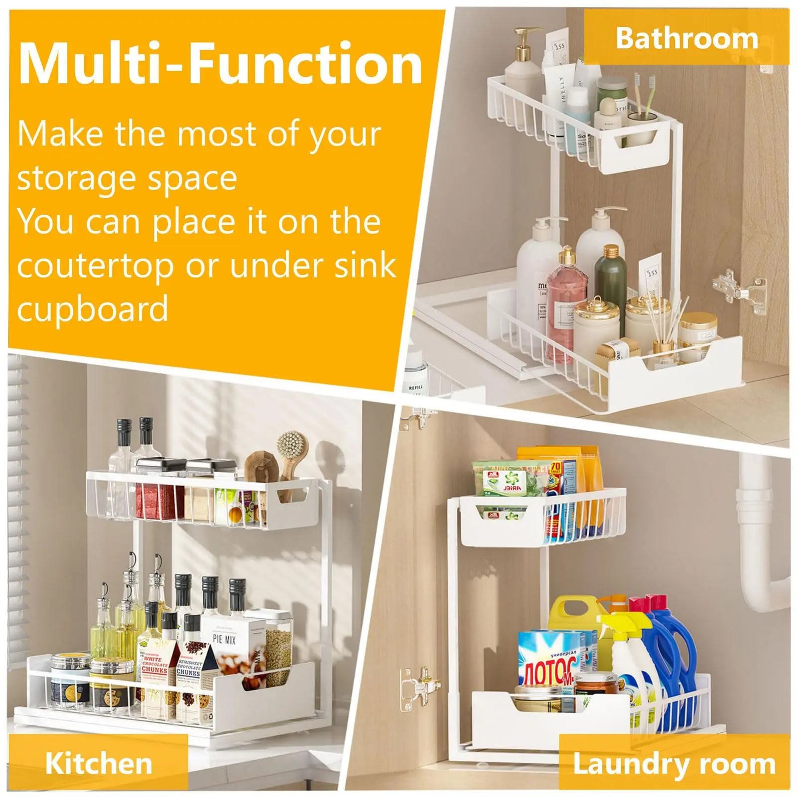 Undersink Storage Rack with 2 Layers Metal Pull-Out Kitchen Cabinet Organizer