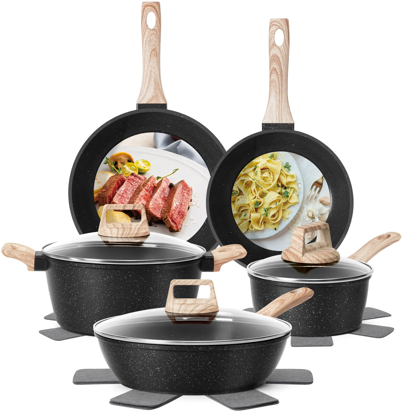 12pcs Pots and Pans Set Non Stick Kitchen Cookware Sets Granite Cooking Set with Frying Pans, Saucepans, Nonstick Pots with Glass Lid, summersale,home essentials,backtoschool, glowup
