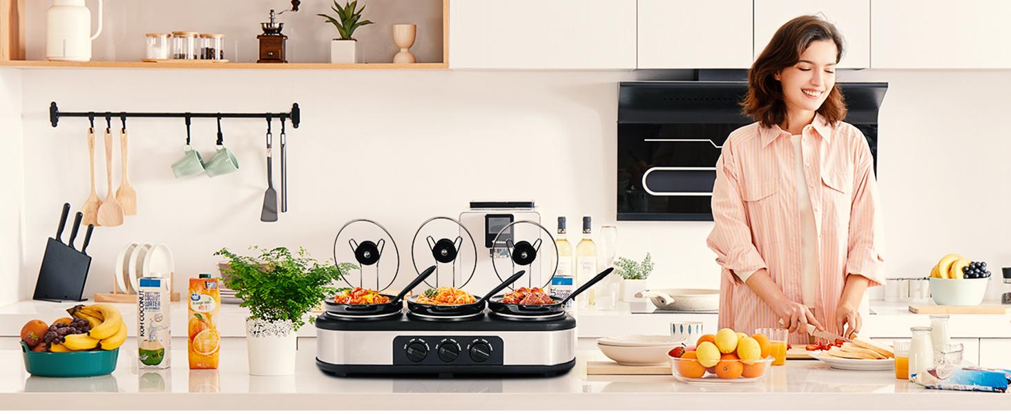 Sunvivi Triple Slow Heating Cooker Buffet Server & Warmer - 3x1.5QT Removable Ceramic Round Pots (Total 4.5QT), 3 Metal Round Stainless Steel Lid Rests, 3 Adjustable Temp Settings, Overheat Safe, New Home Kitchen Essential Electric Hot Pot, Total 4.5 Qt